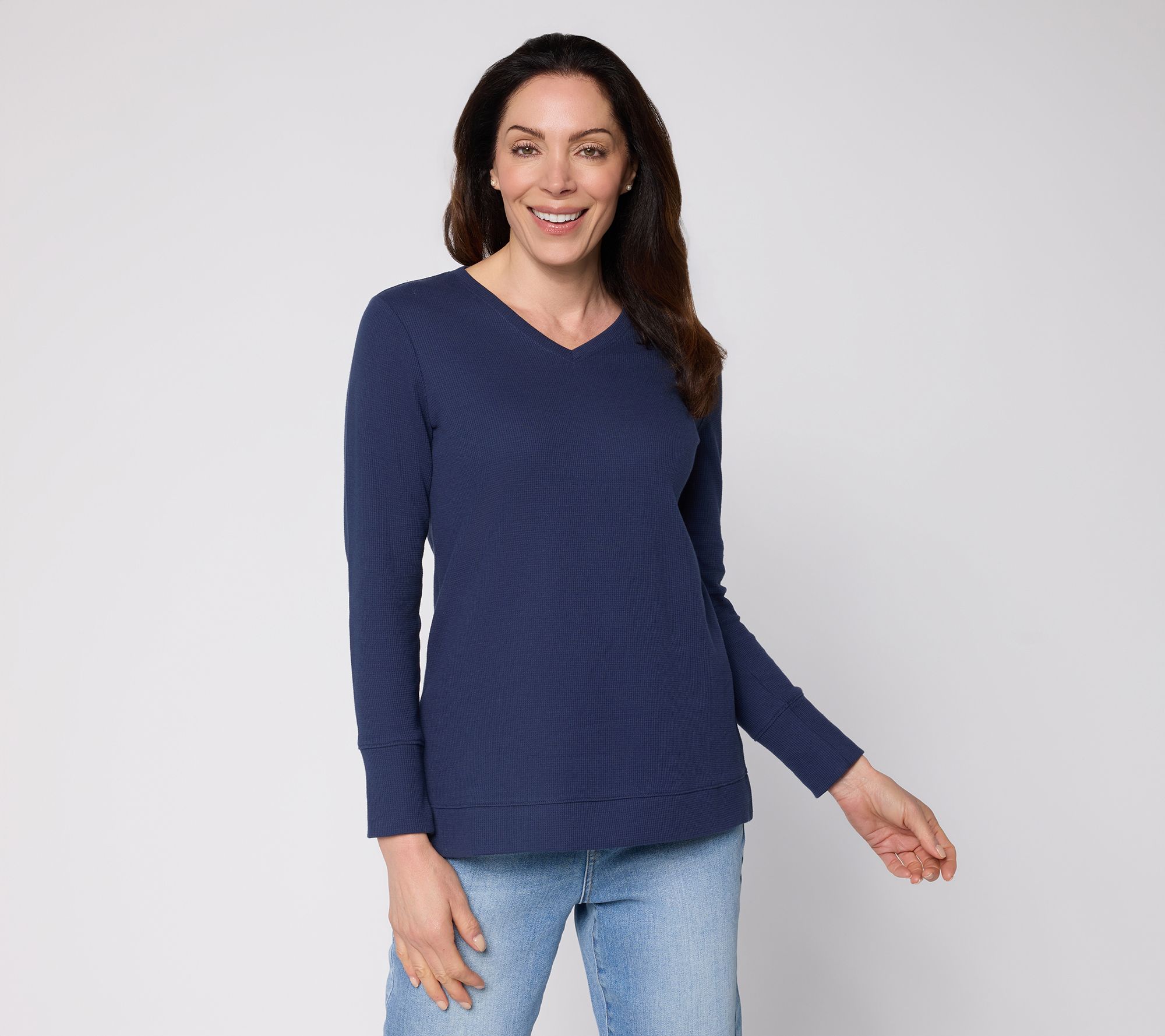 Denim & Co. Essentials Petite Waffle Knit V-Neck Tunic