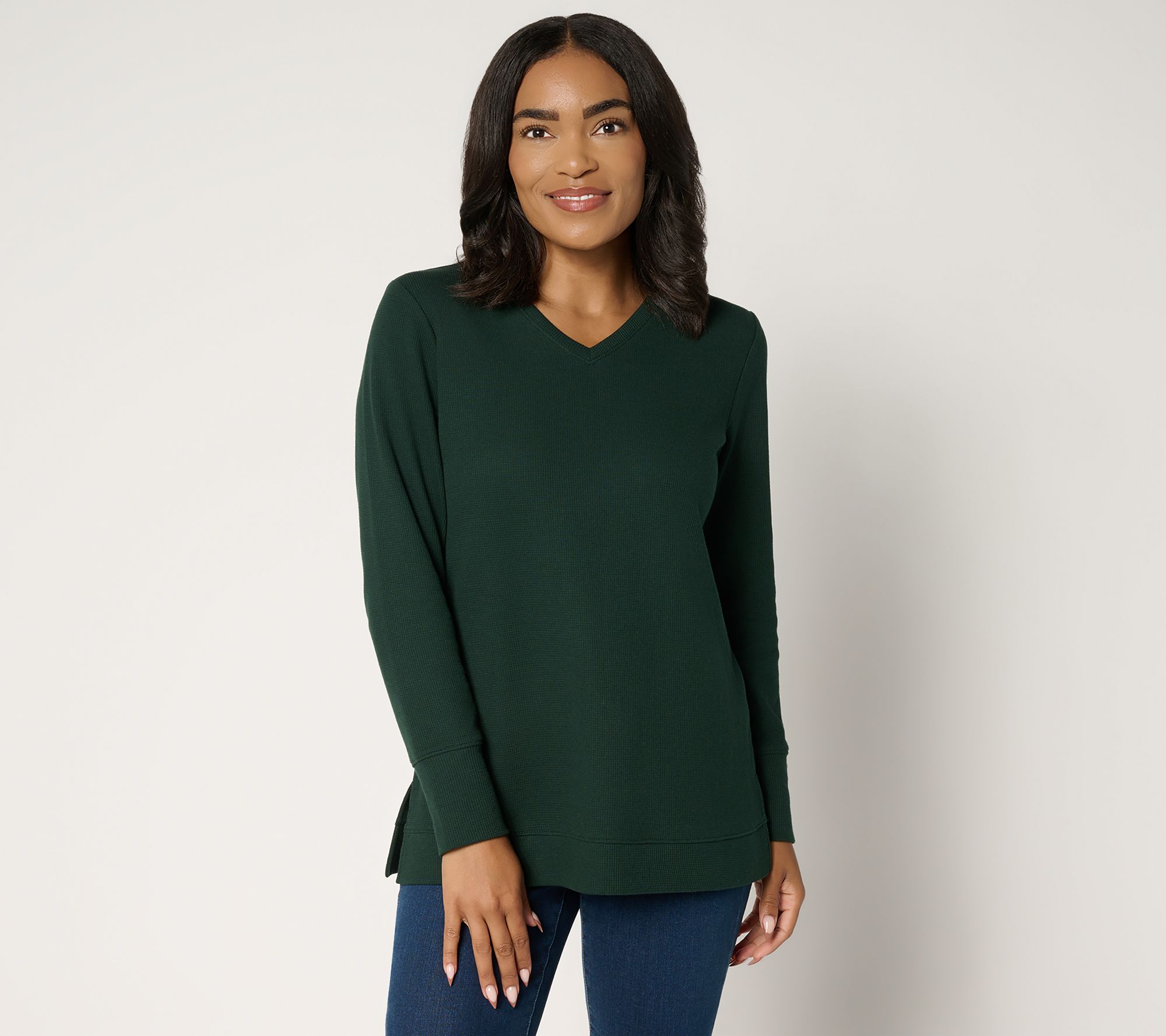 Denim & Co. Essentials Petite Waffle Knit V-Neck Tunic
