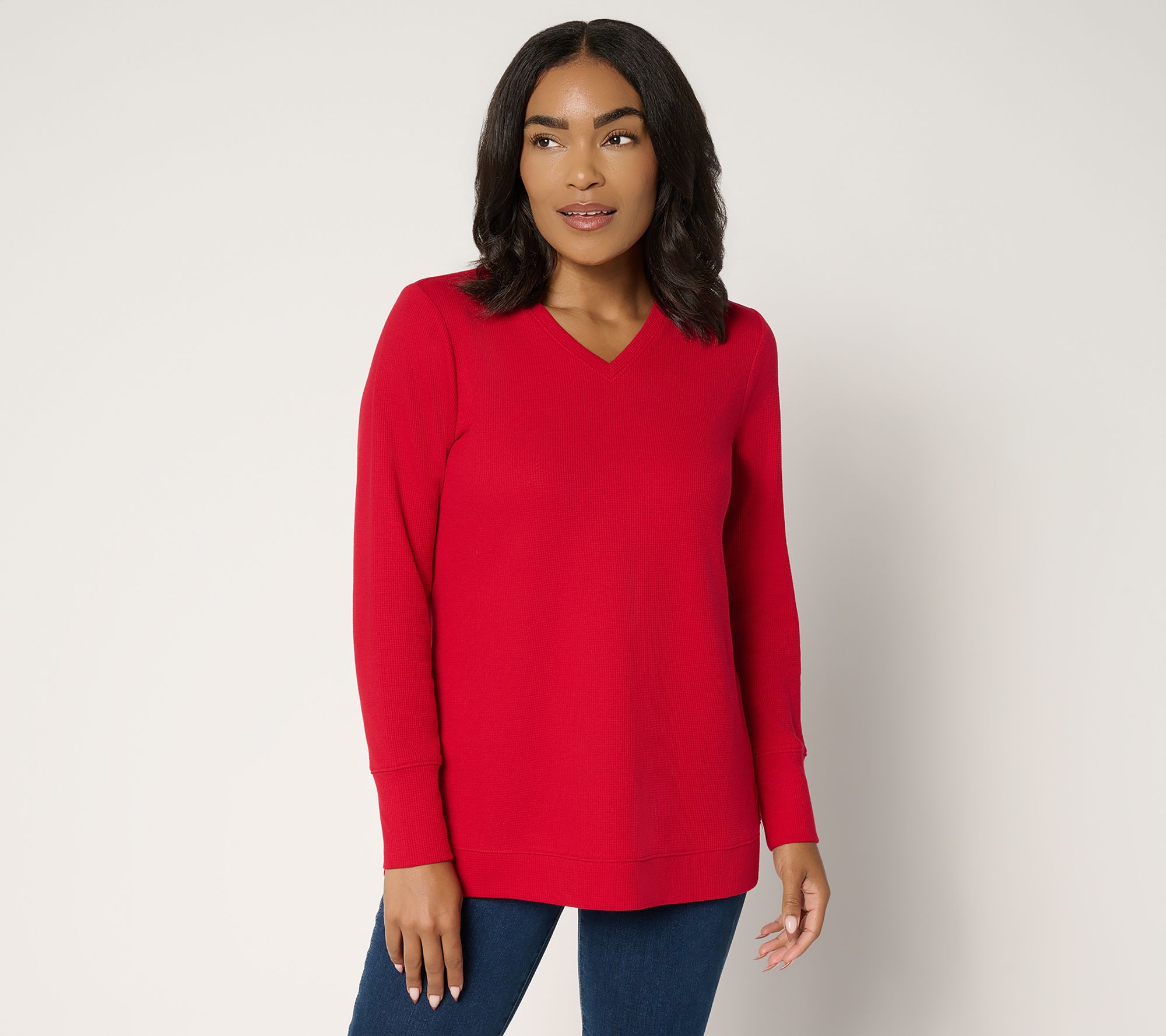 Denim & Co. Essentials Petite Waffle Knit V-Neck Tunic