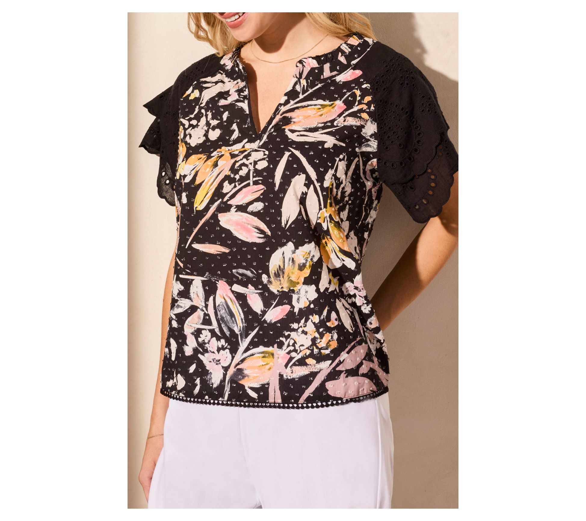 Tribal Printed Poplin Eyelet Flutter-Sleeve Blouse