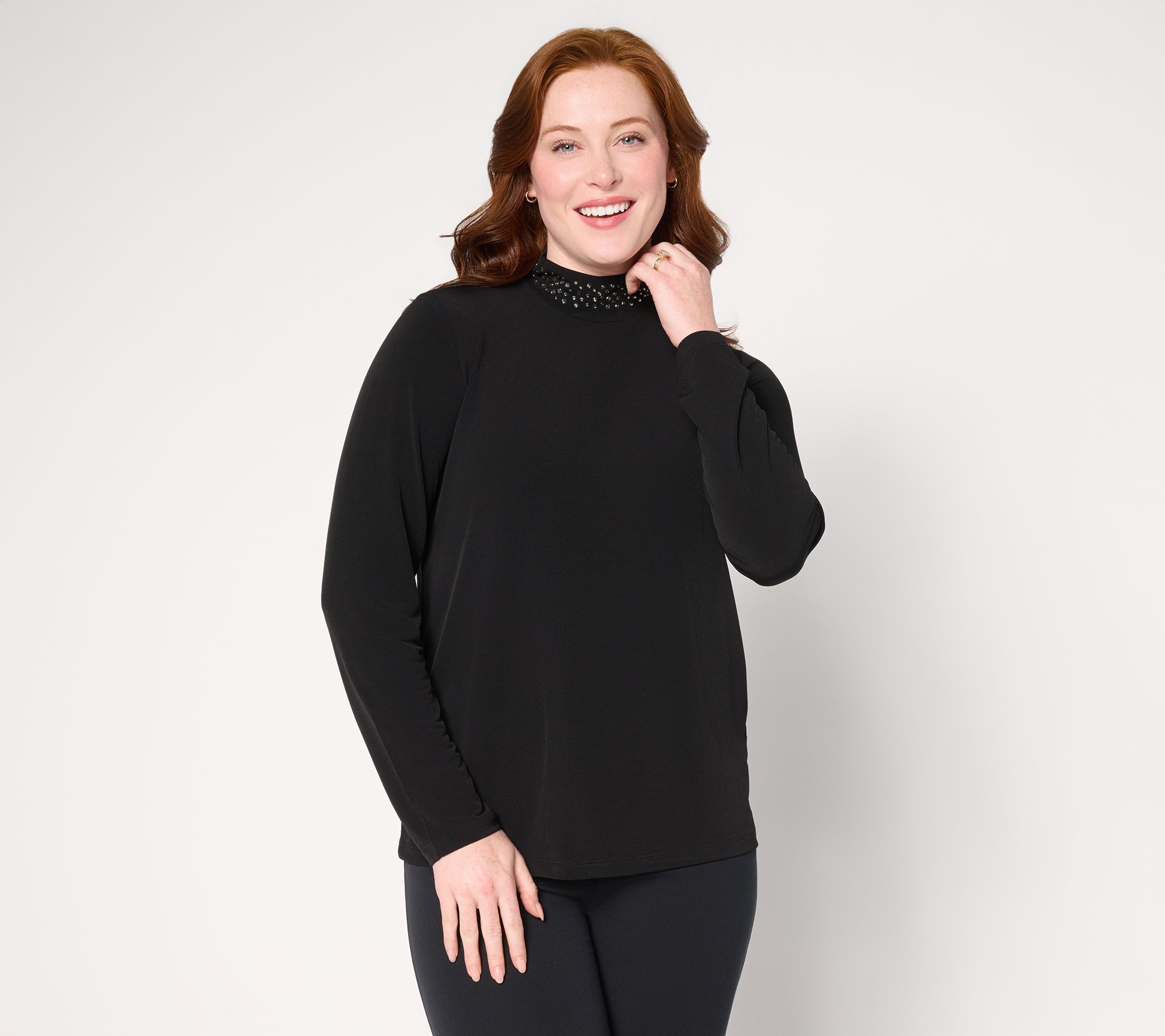 Susan Graver Occasions Liquid Knit Embellished Mock-Neck Top