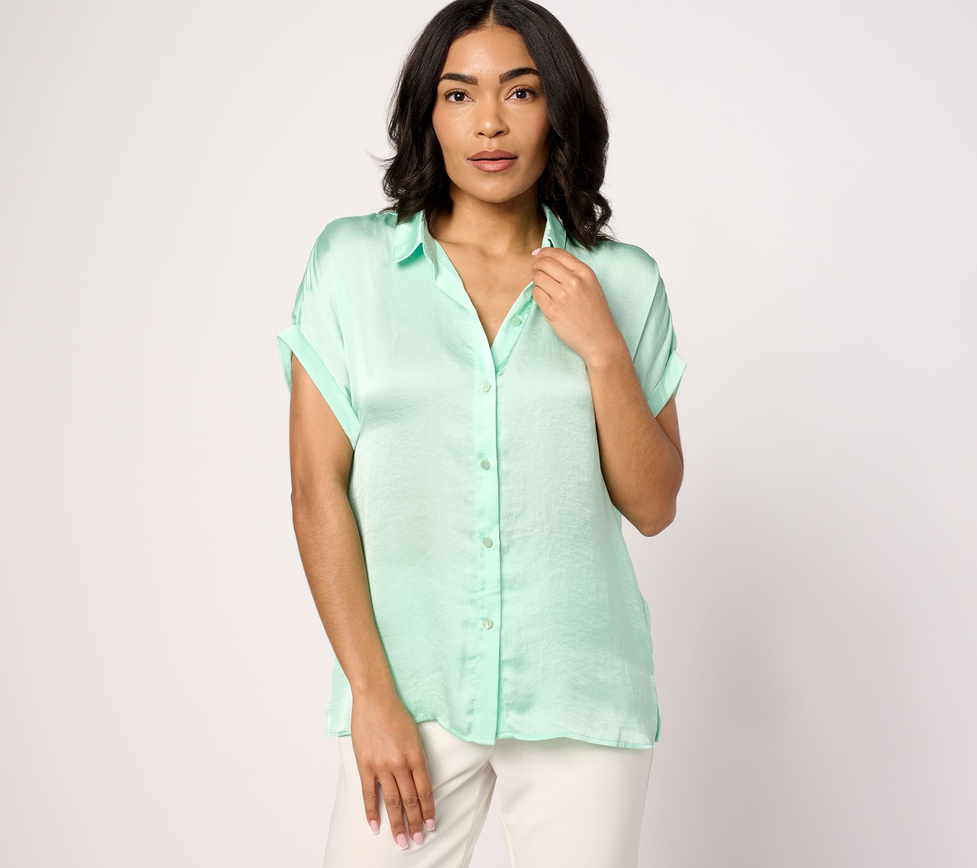 "As Is" Dennis Basso Woven Camp Shirt with Rolled Sleeves