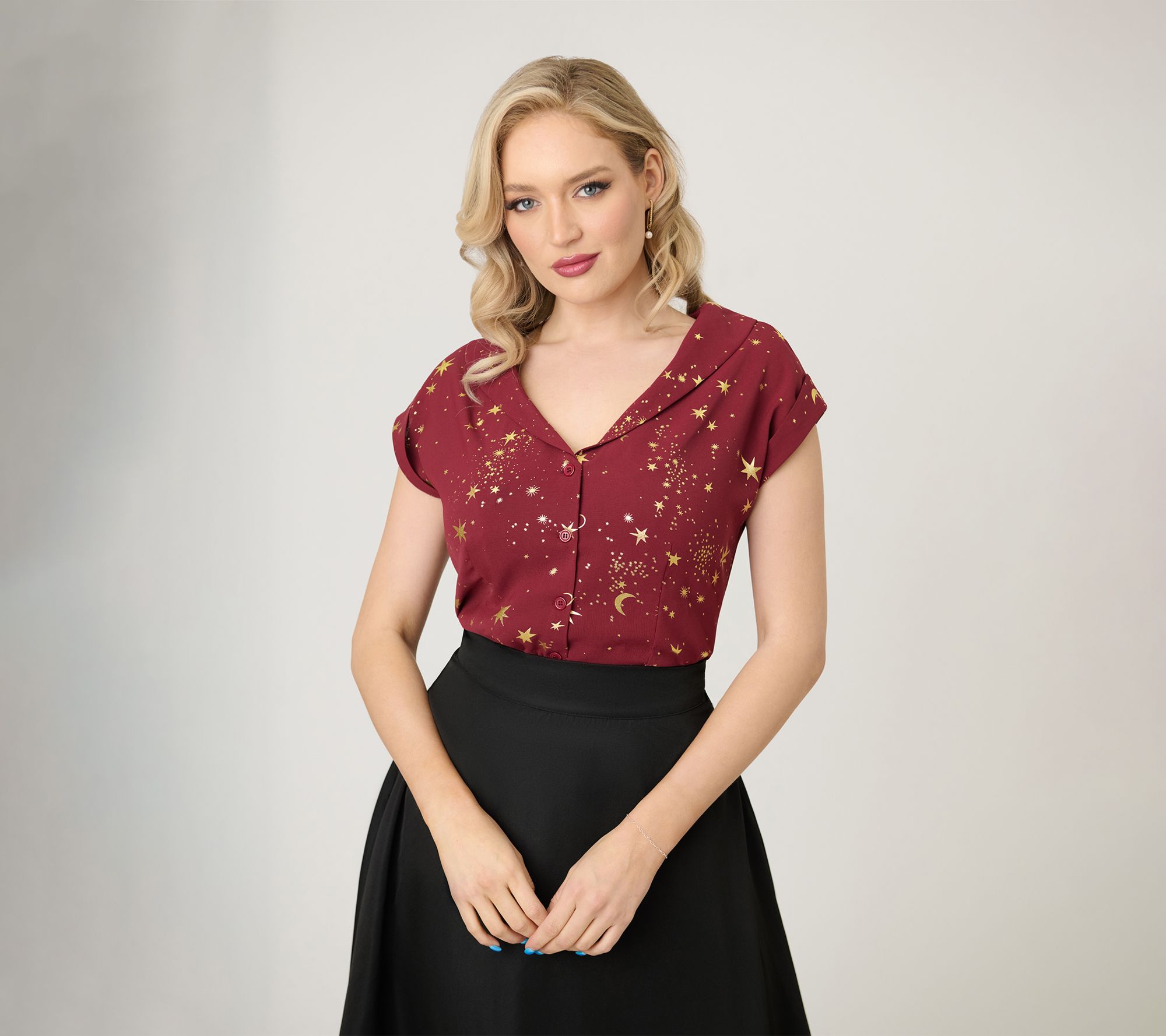 Unique Vintage Burgundy & Gold Star Twill Sleeveless Blouse