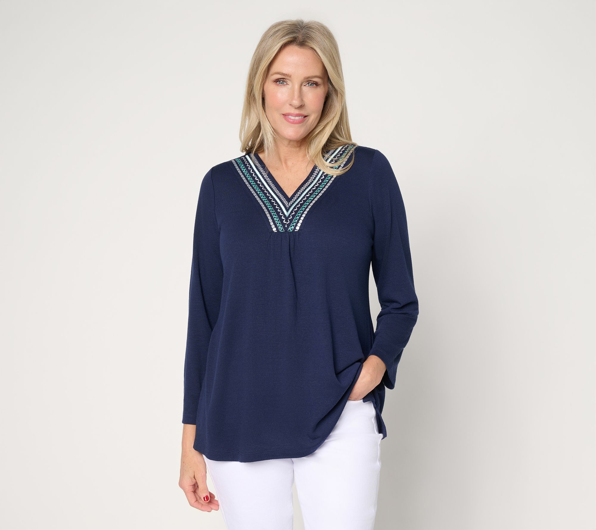Denim & Co. Beach Regular Knit Gauze Embroidered V-Neck Tunic