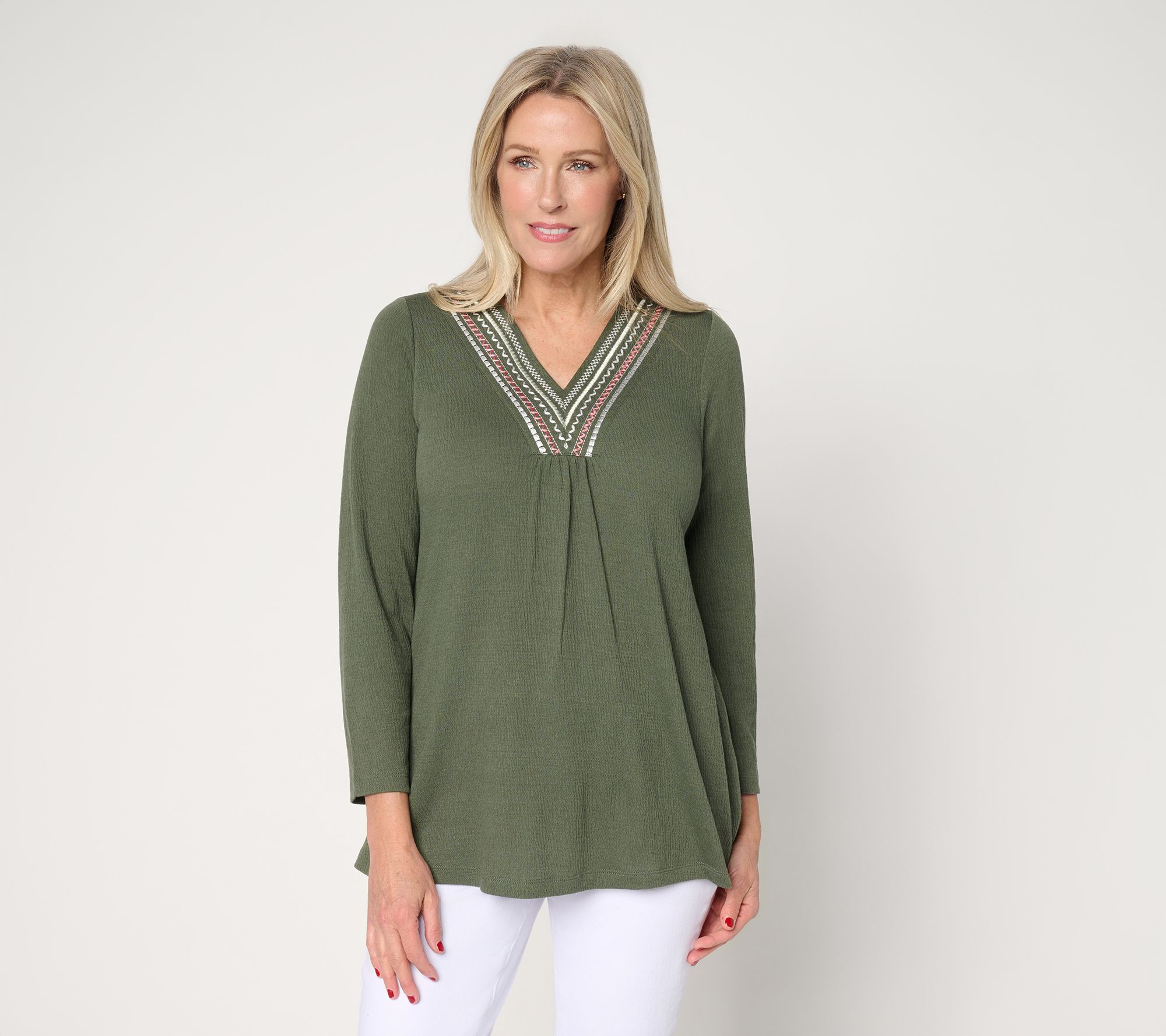 Denim & Co. Beach Regular Knit Gauze Embroidered V-Neck Tunic