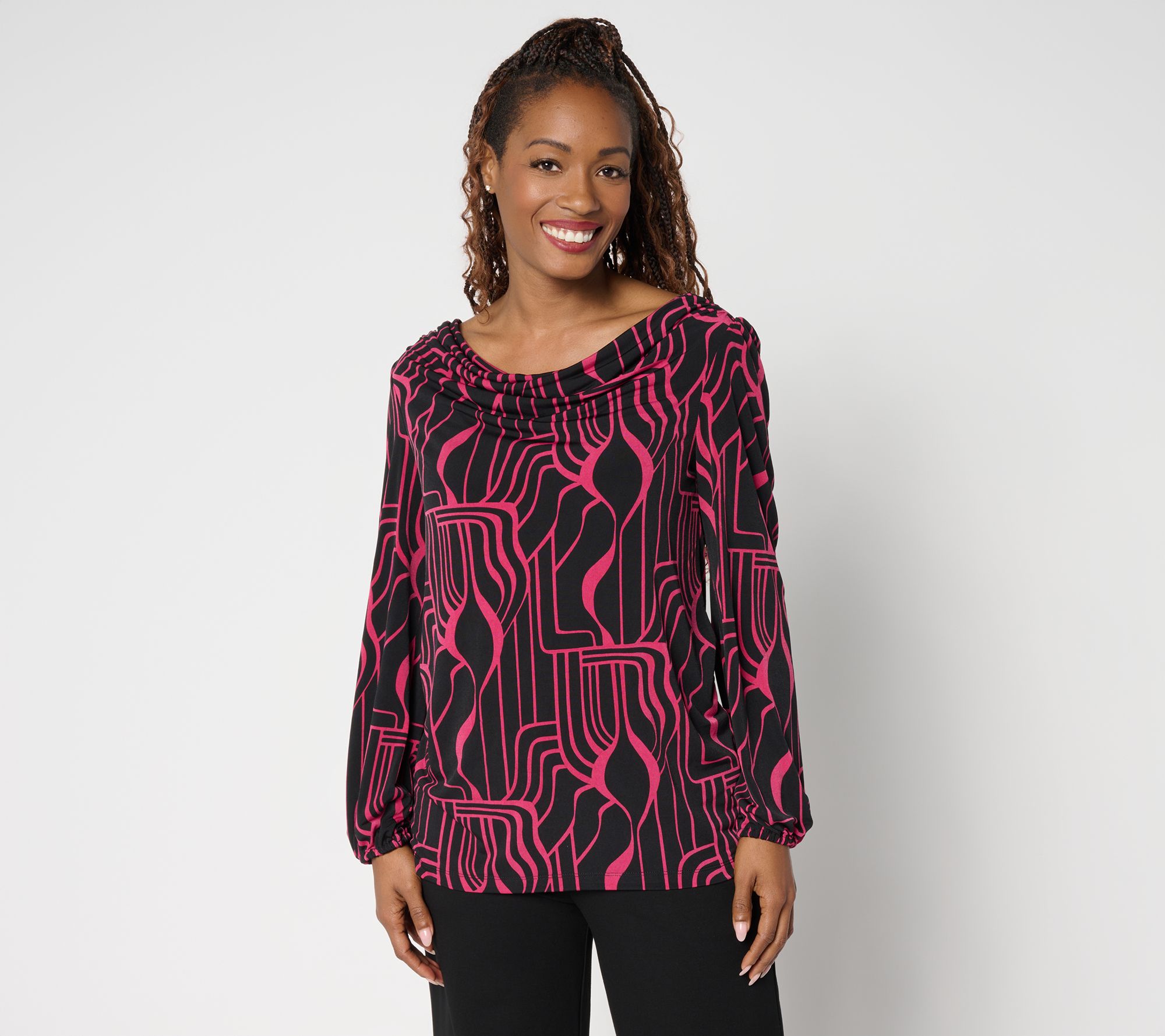 "As Is" Susan Graver Printed Liquid Knit Cowl Neck Top w/ Blouson