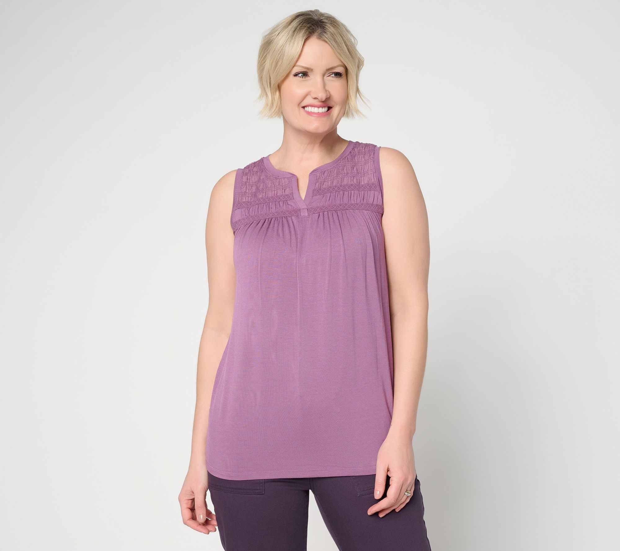 LOGO by Lori Goldstein Mixed Media Split V-Neck Sleevless Top