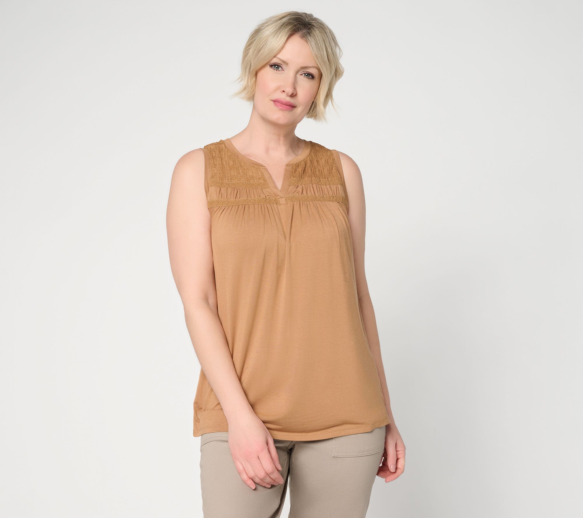LOGO by Lori Goldstein Mixed Media Split V-Neck Sleevless Top