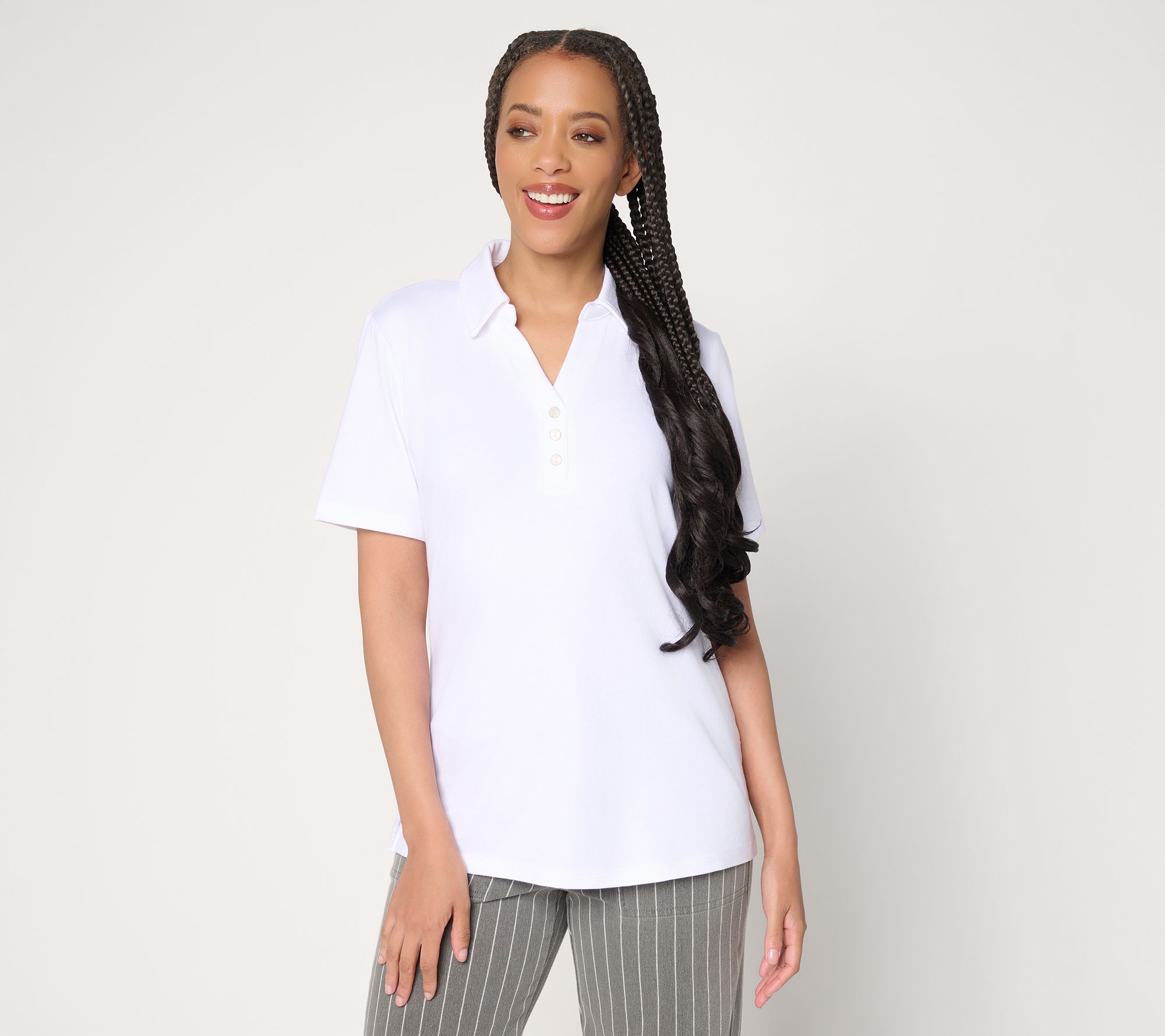 Denim & Co. Favorite Jersey Collared Split Neck Short Sleeve Top