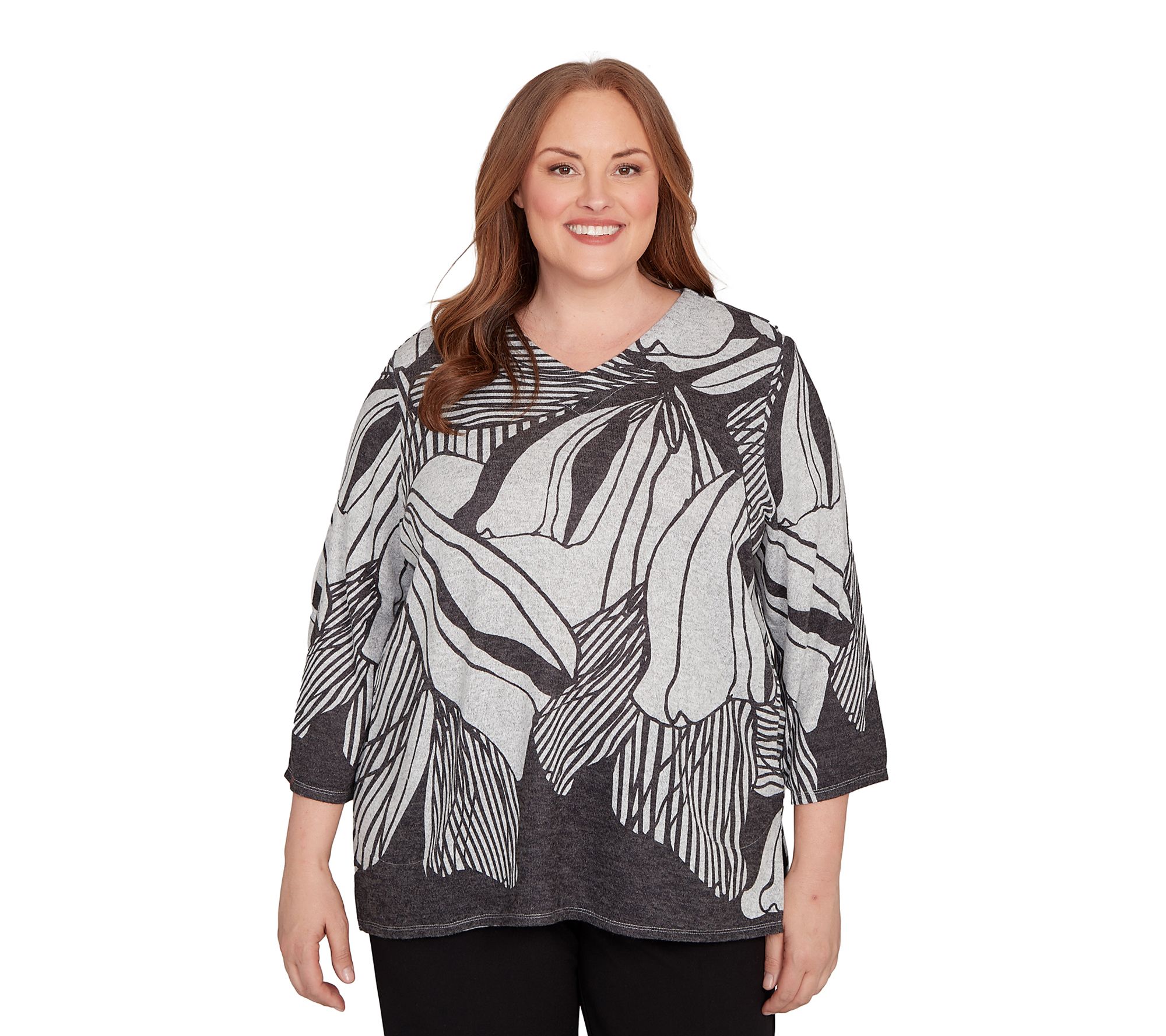 Alfred Dunner Abstract Floral Stripe V-Neck Top