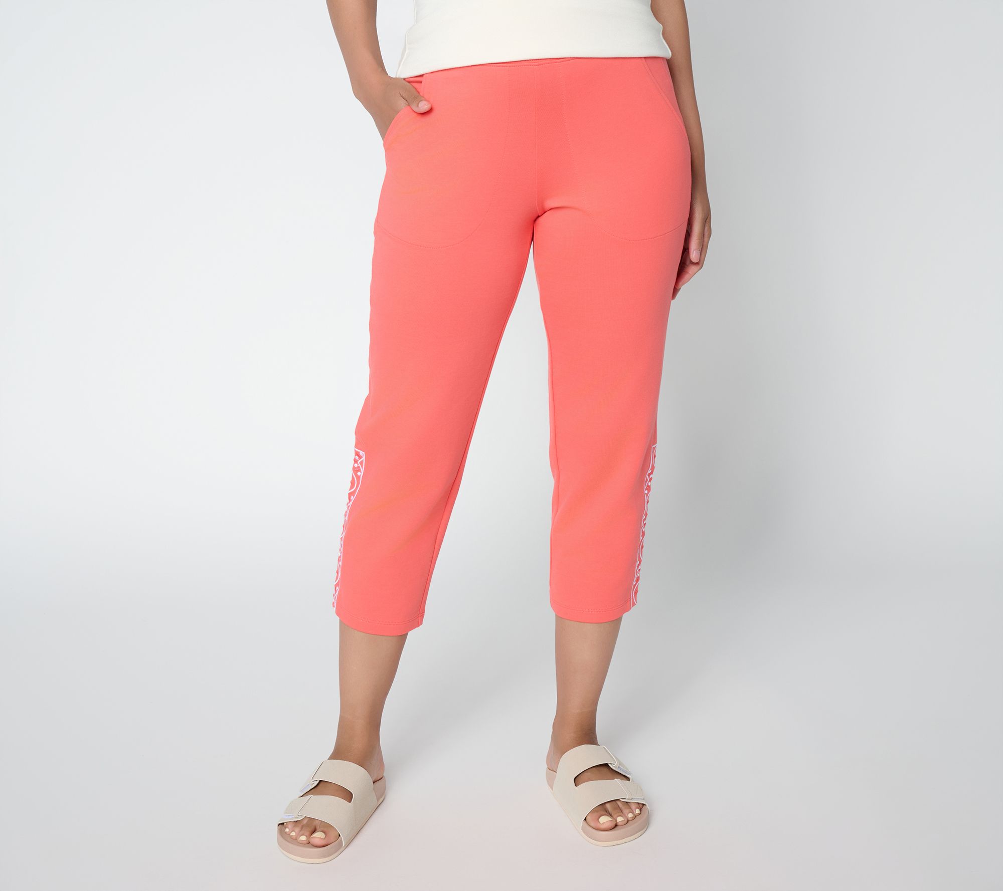  Denim & Co. Active French Terry Crop Pants with Embroidery - A725314