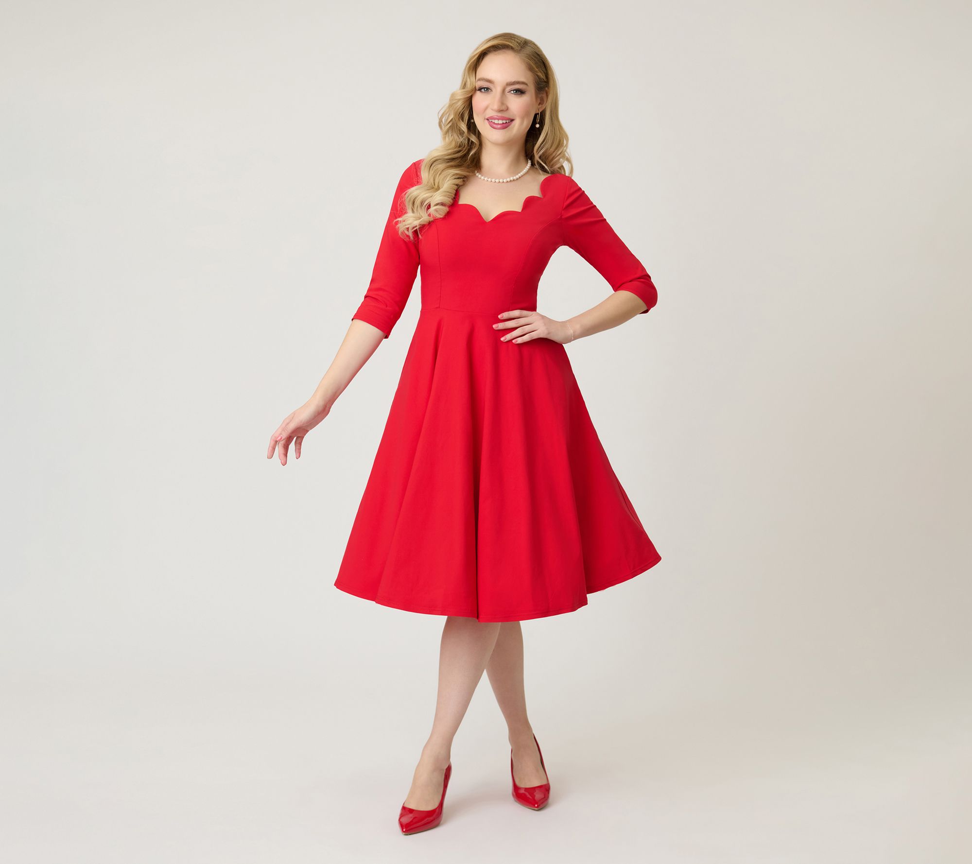  Unique Vintage Red Scalloped Neck Swing Dress