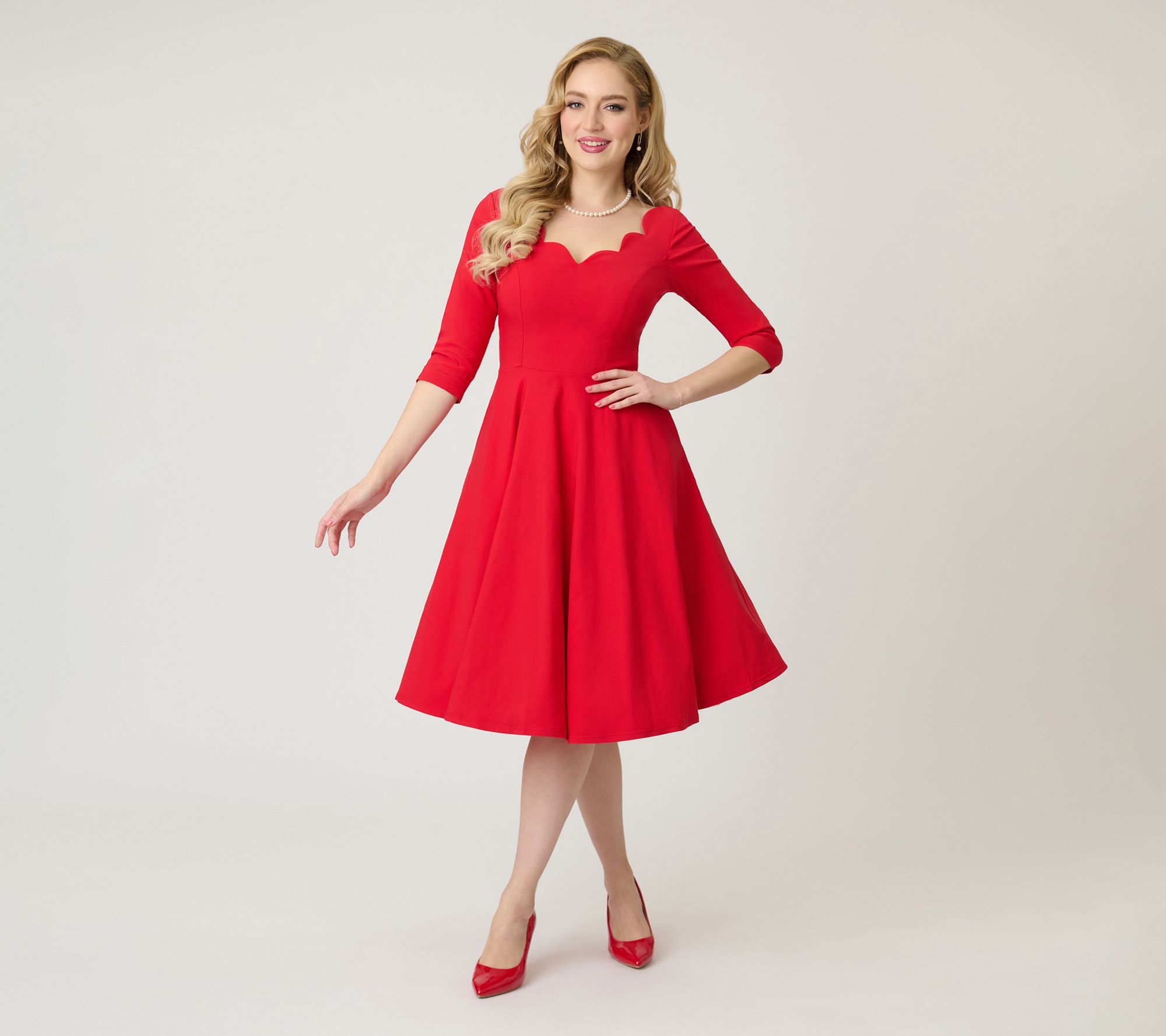 Unique Vintage Red Scalloped Neck Swing Dress