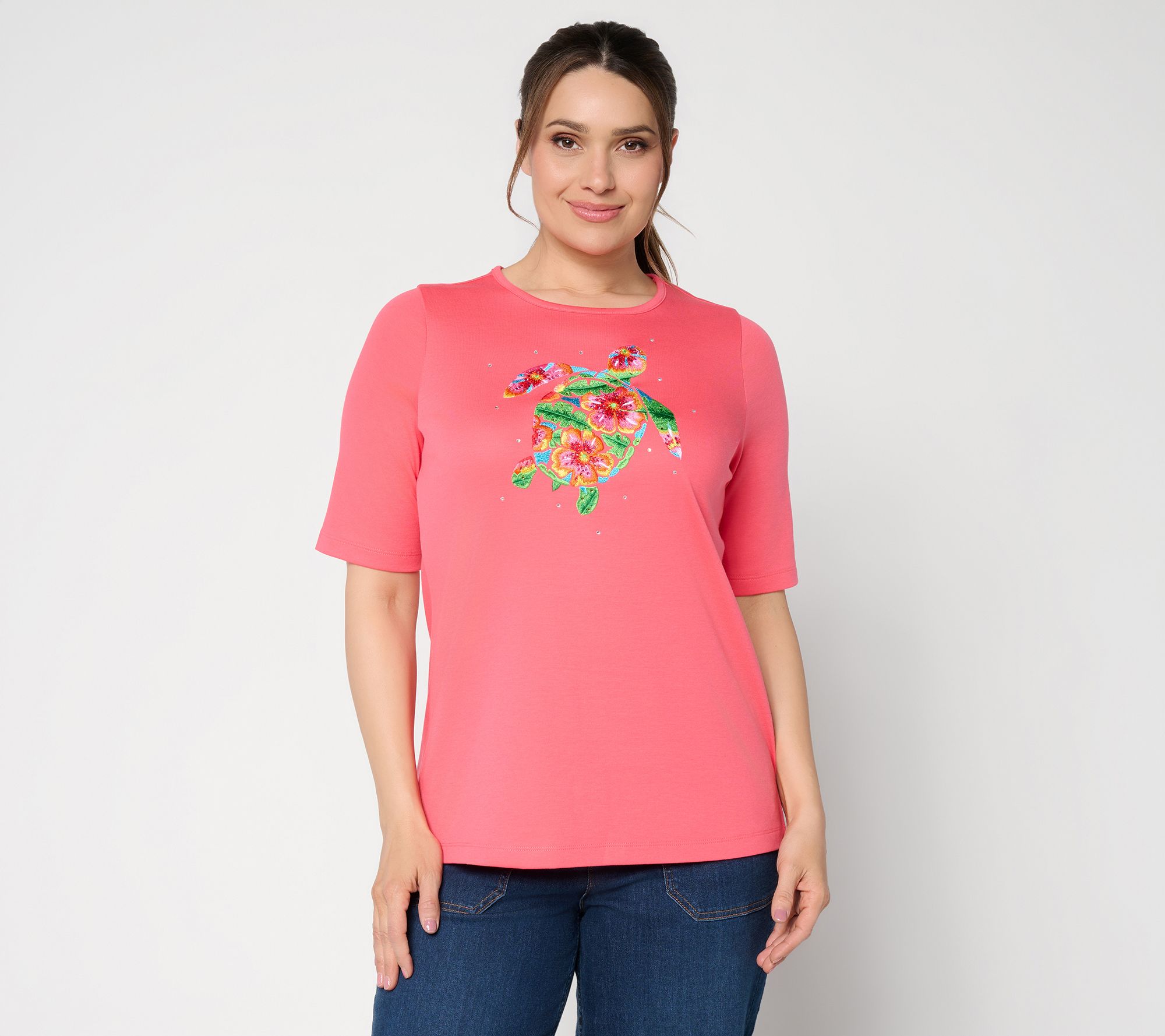 トップス NC Quacker Factory Tropicana Sparkle Embroidered Top - QVC.com