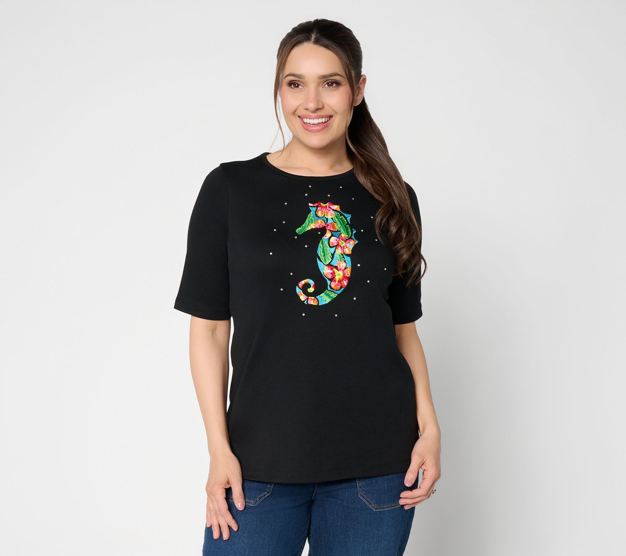 Quacker Factory Tropicana Sparkle Embroidered Top