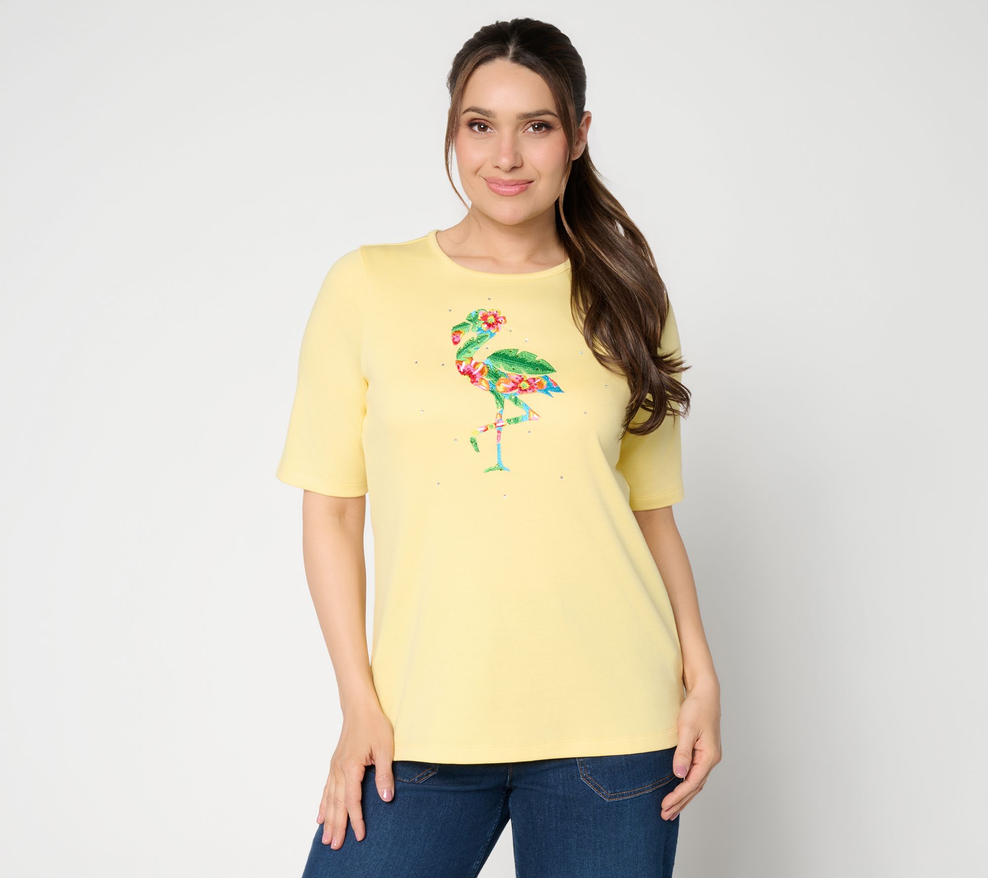 Quacker Factory Tropicana Sparkle Embroidered Top