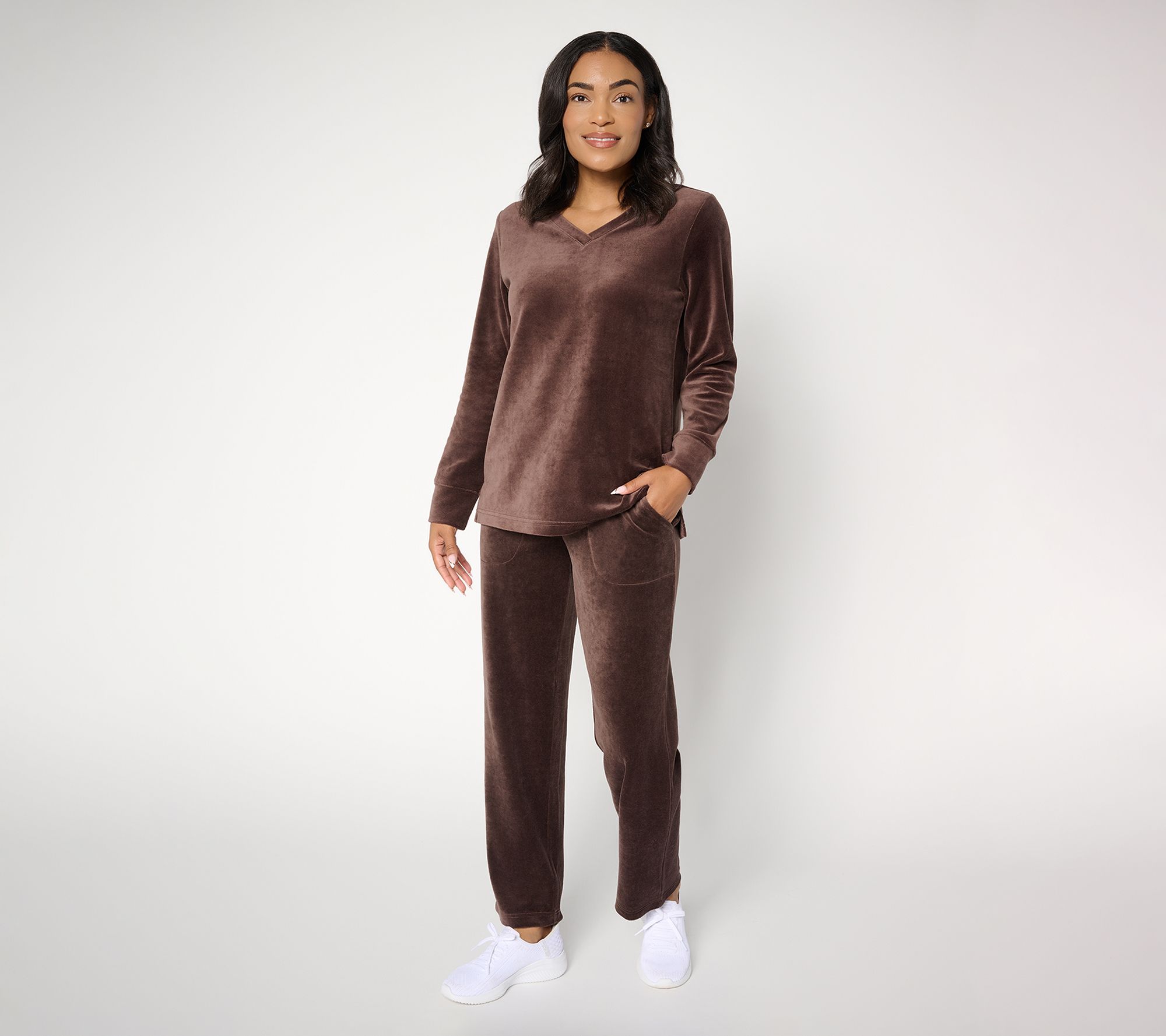 "As Is" Denim & Co. Active Regular Velour Top & Straight Leg Pants Set