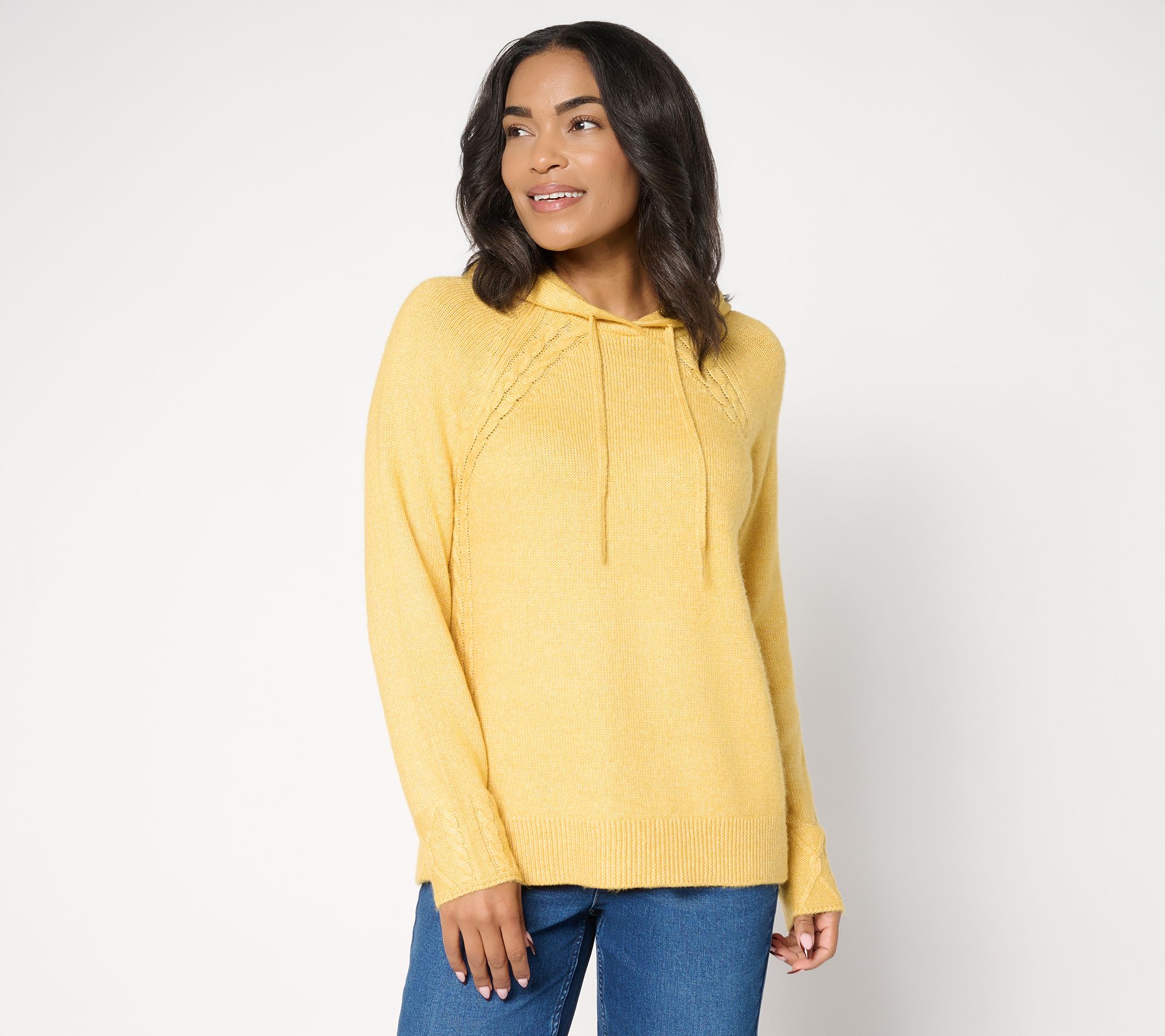 "As Is" LOGO by Lori Goldstein Raglan Sleeve Hooded Sweater with Cable Trim