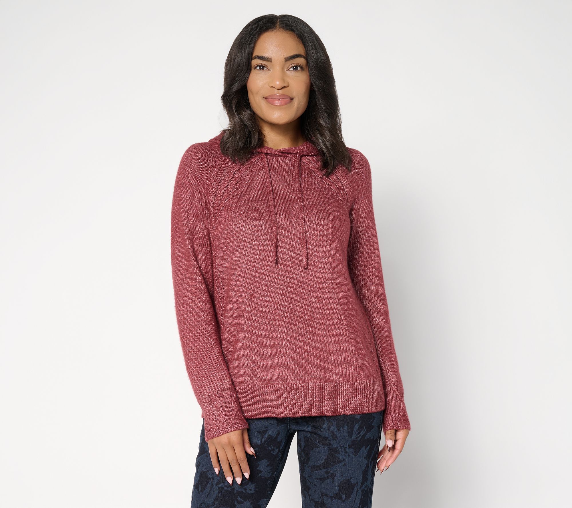 "As Is" LOGO by Lori Goldstein Raglan Sleeve Hooded Sweater with Cable Trim