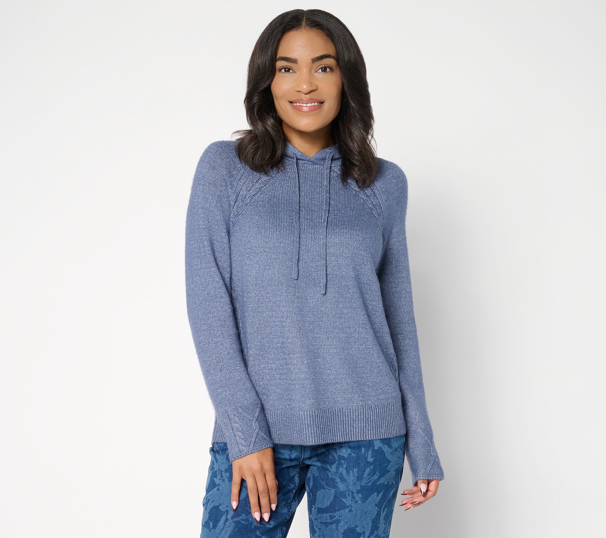 "As Is" LOGO by Lori Goldstein Raglan Sleeve Hooded Sweater with Cable Trim