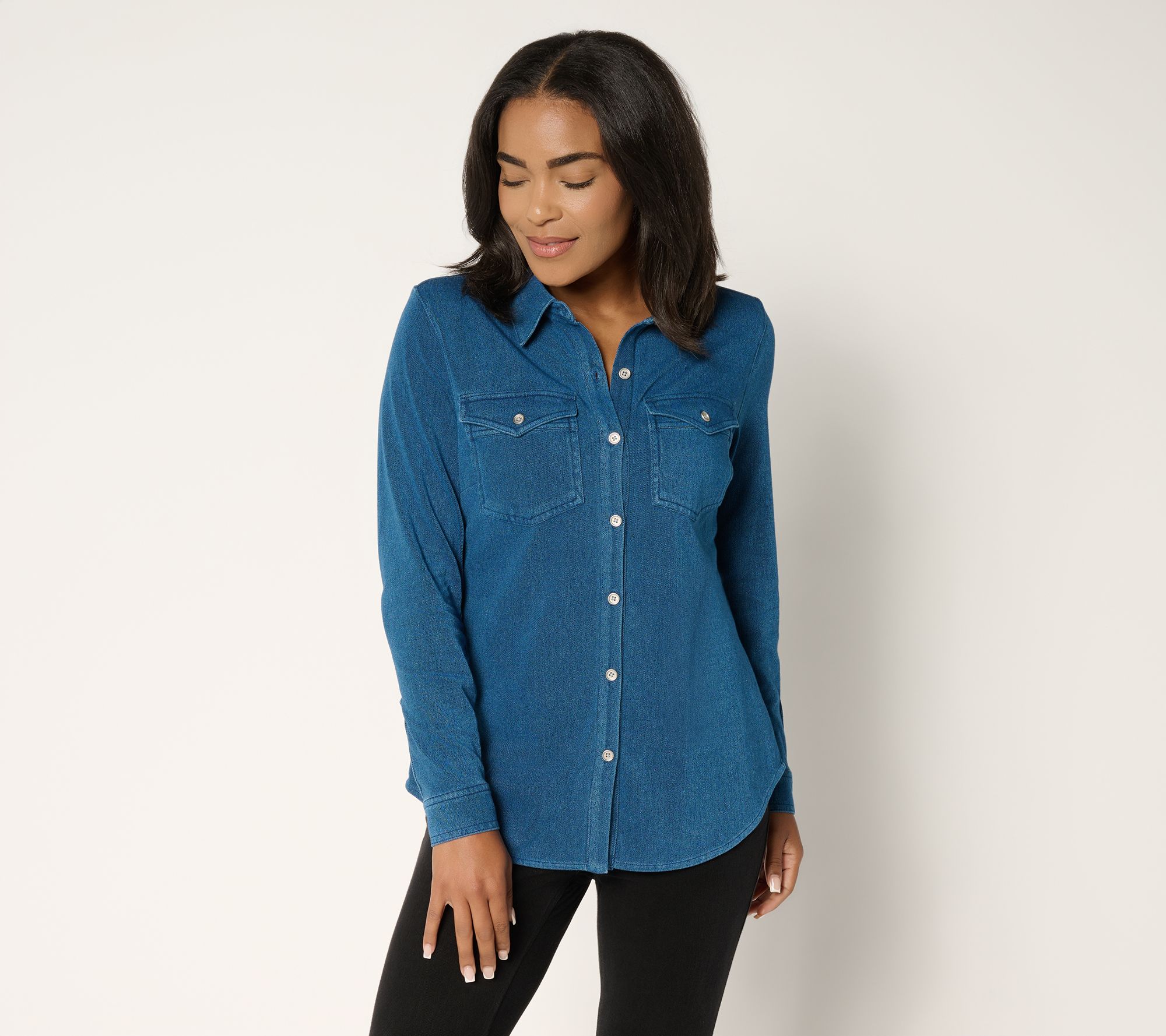 "As Is" Susan Graver Cool Touch Denim Button Front Shirt