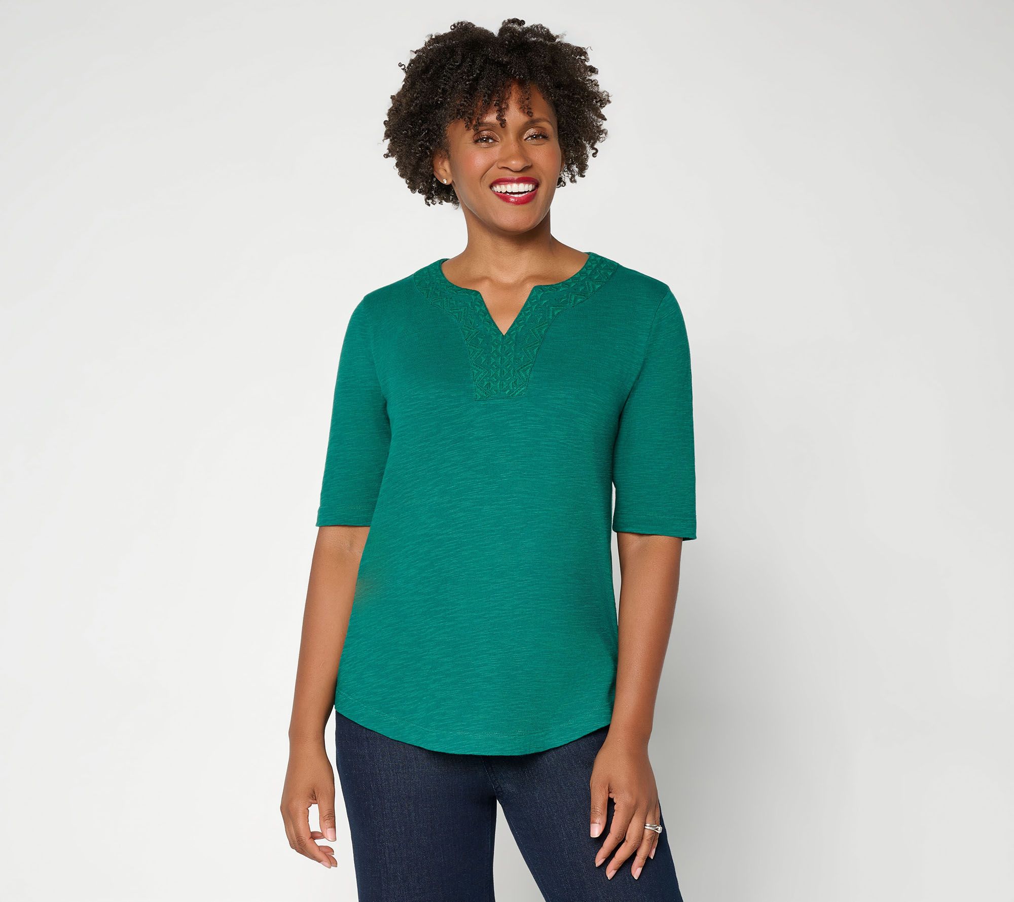 Denim & Co. Embroidered Cotton Slub Elbow Sleeve V-Neck Top