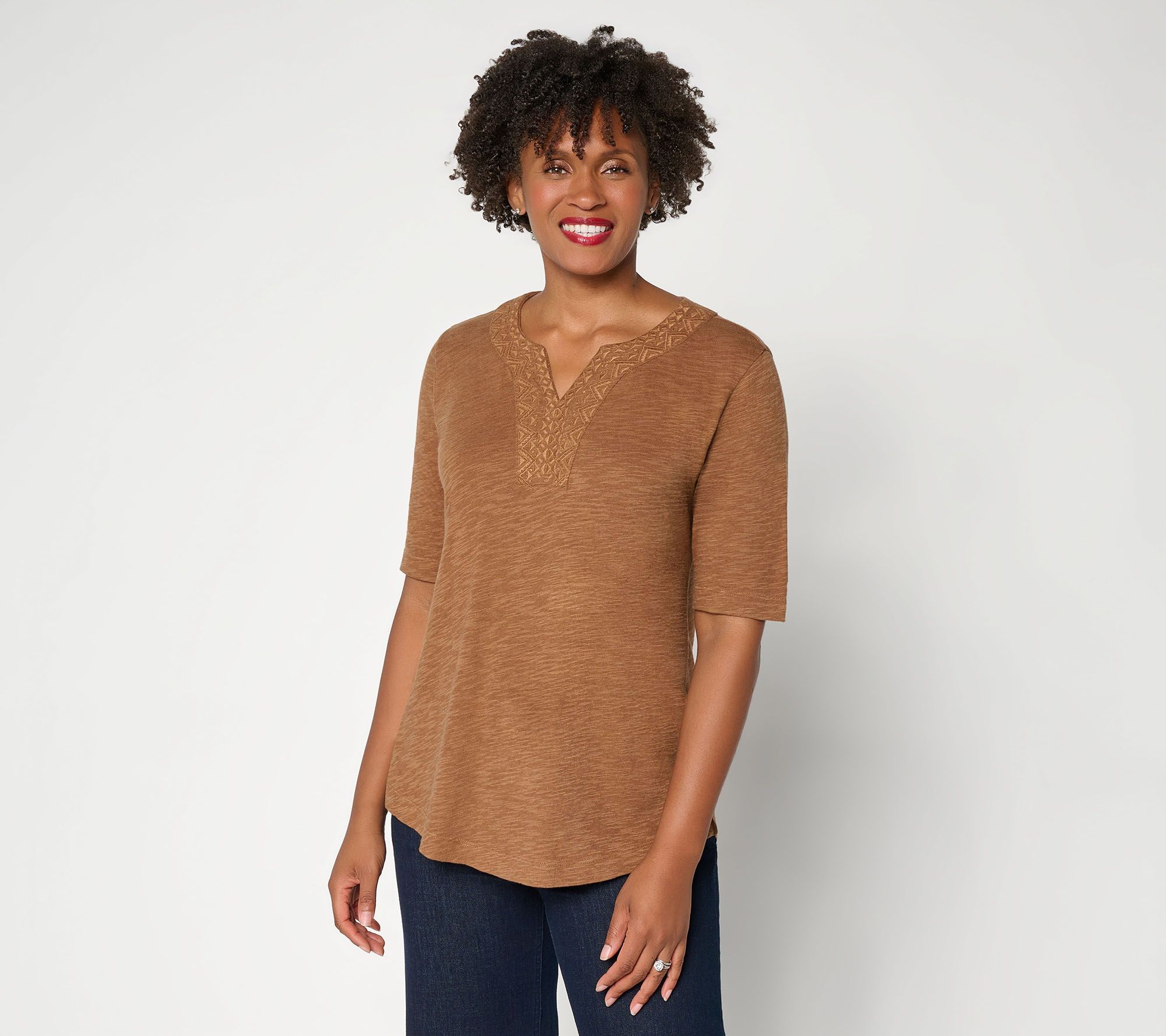 Denim & Co. Embroidered Cotton Slub Elbow Sleeve V-Neck Top