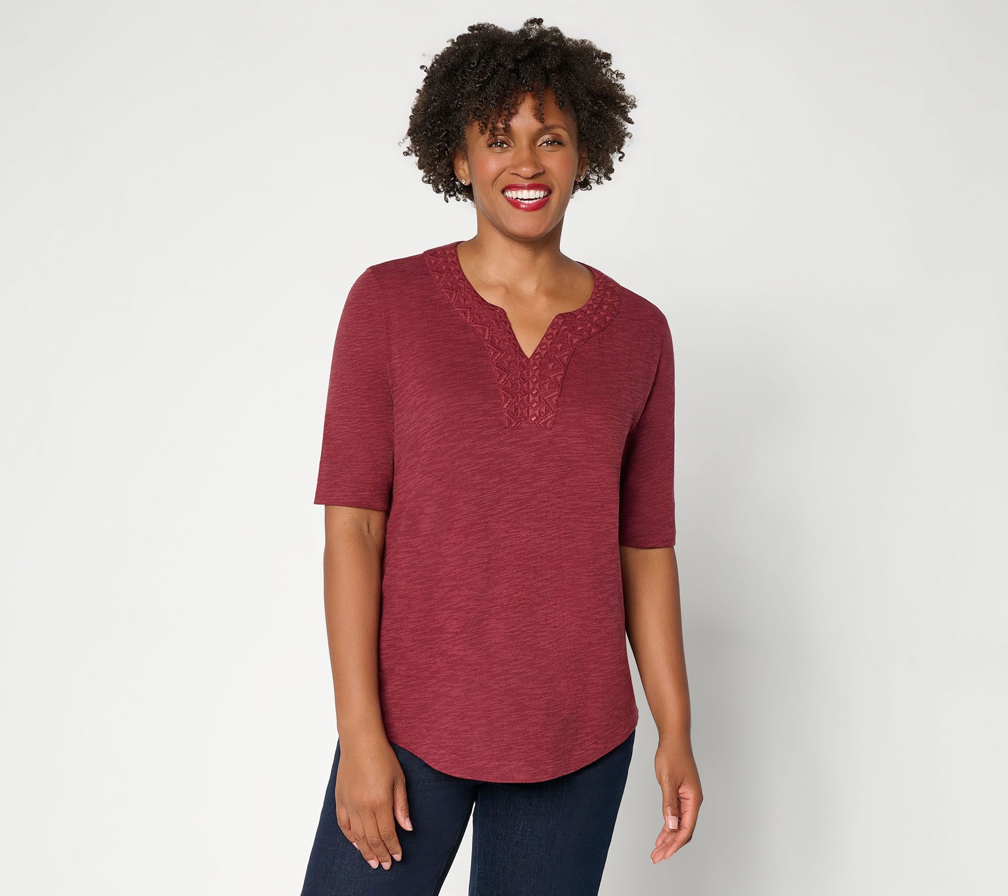 Denim & Co. Embroidered Cotton Slub Elbow Sleeve V-Neck Top