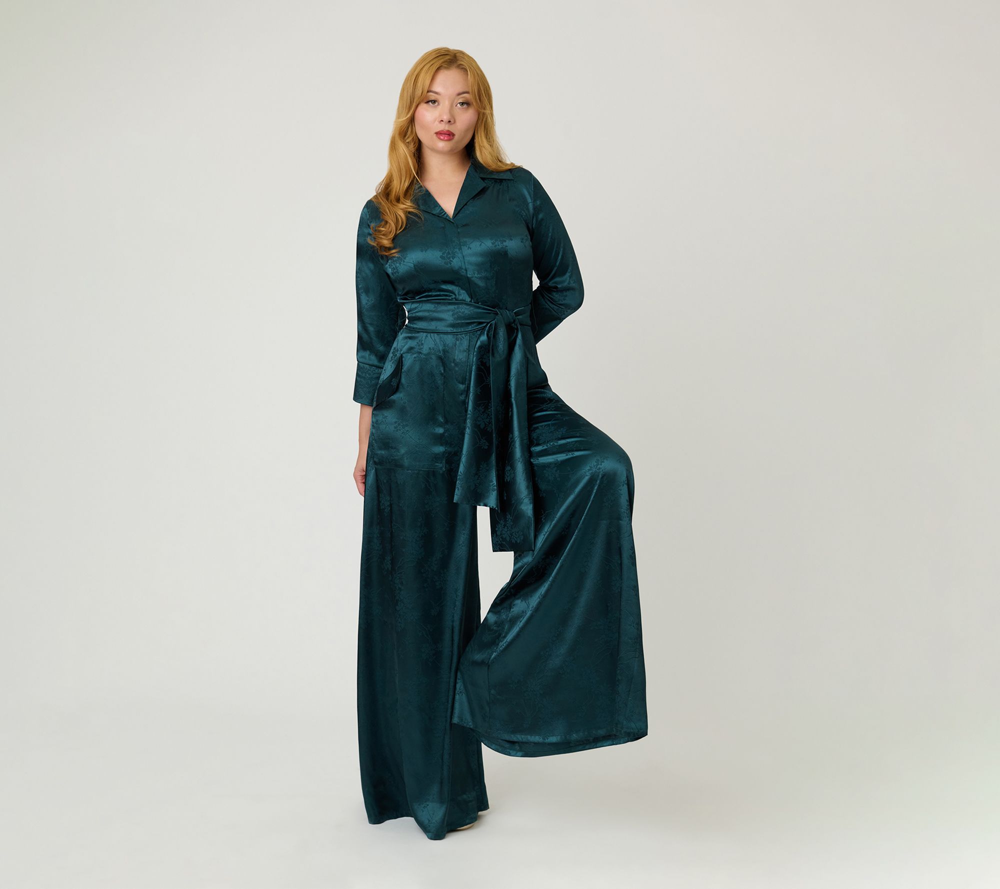 Unique Vintage Teal Jacquard Satin Flare Jumpsuit