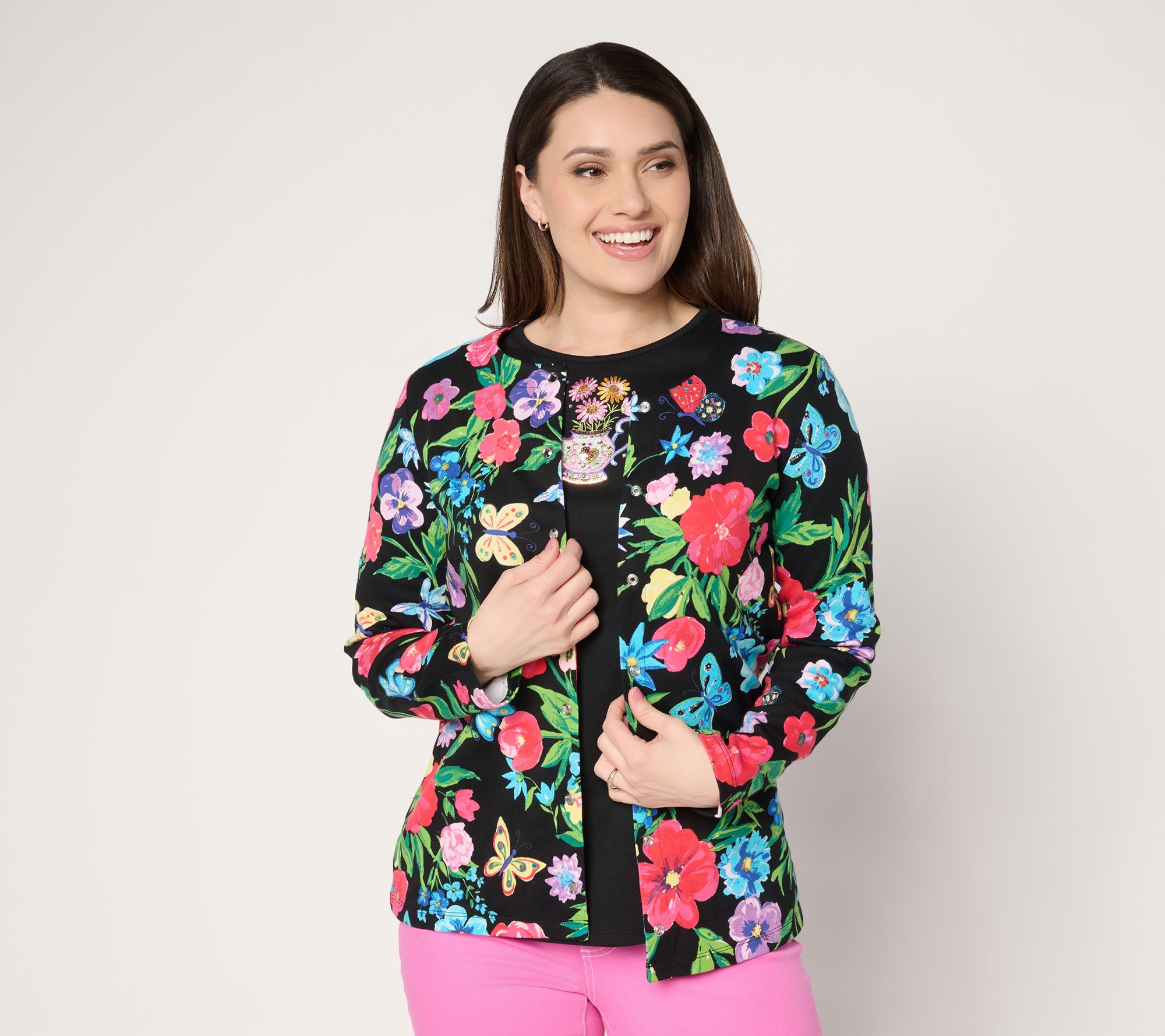 "As Is" Quacker Factory Beauty in Bloom Long Sleeve Snap Front Cardigan