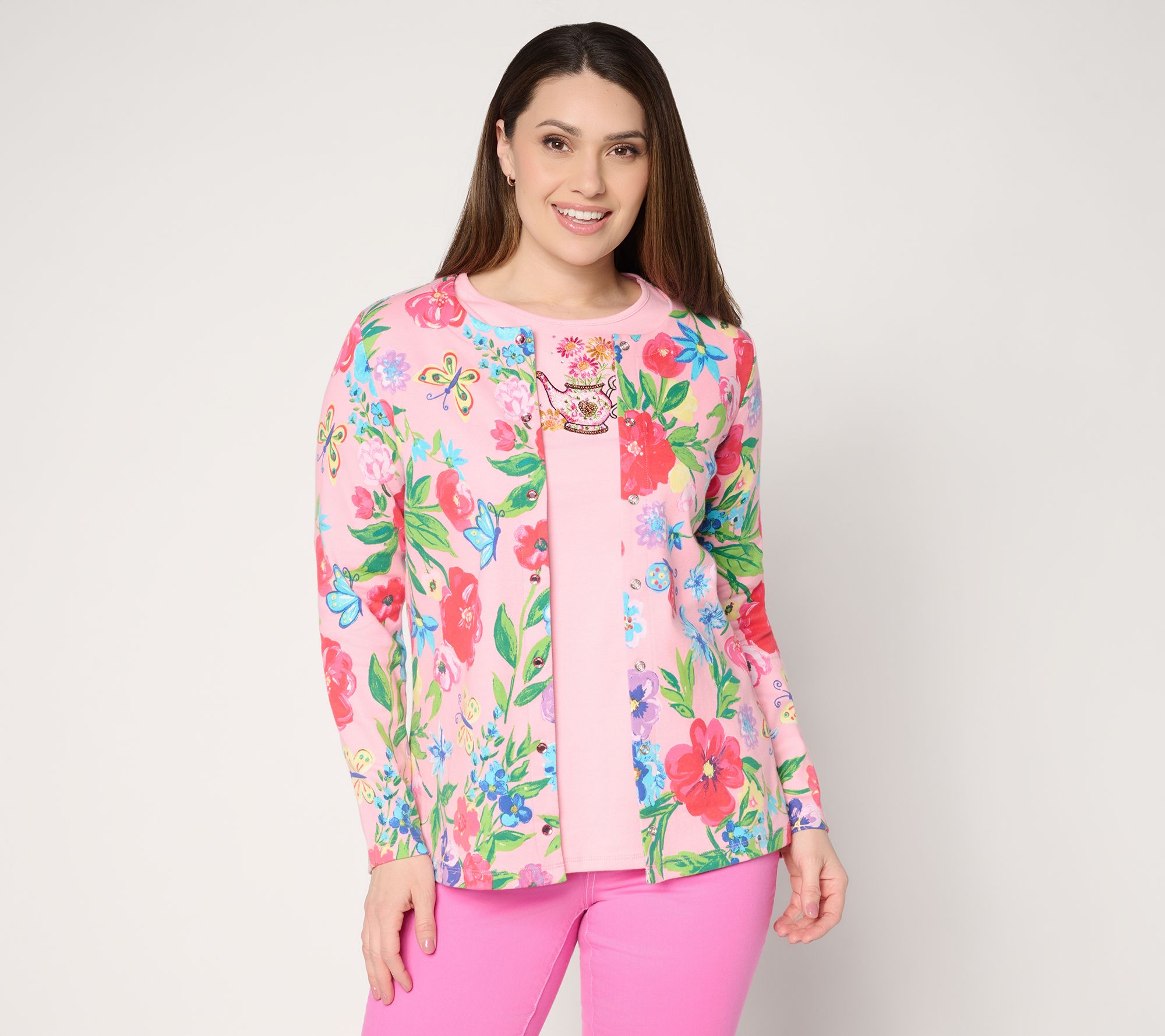 "As Is" Quacker Factory Beauty in Bloom Long Sleeve Snap Front Cardigan