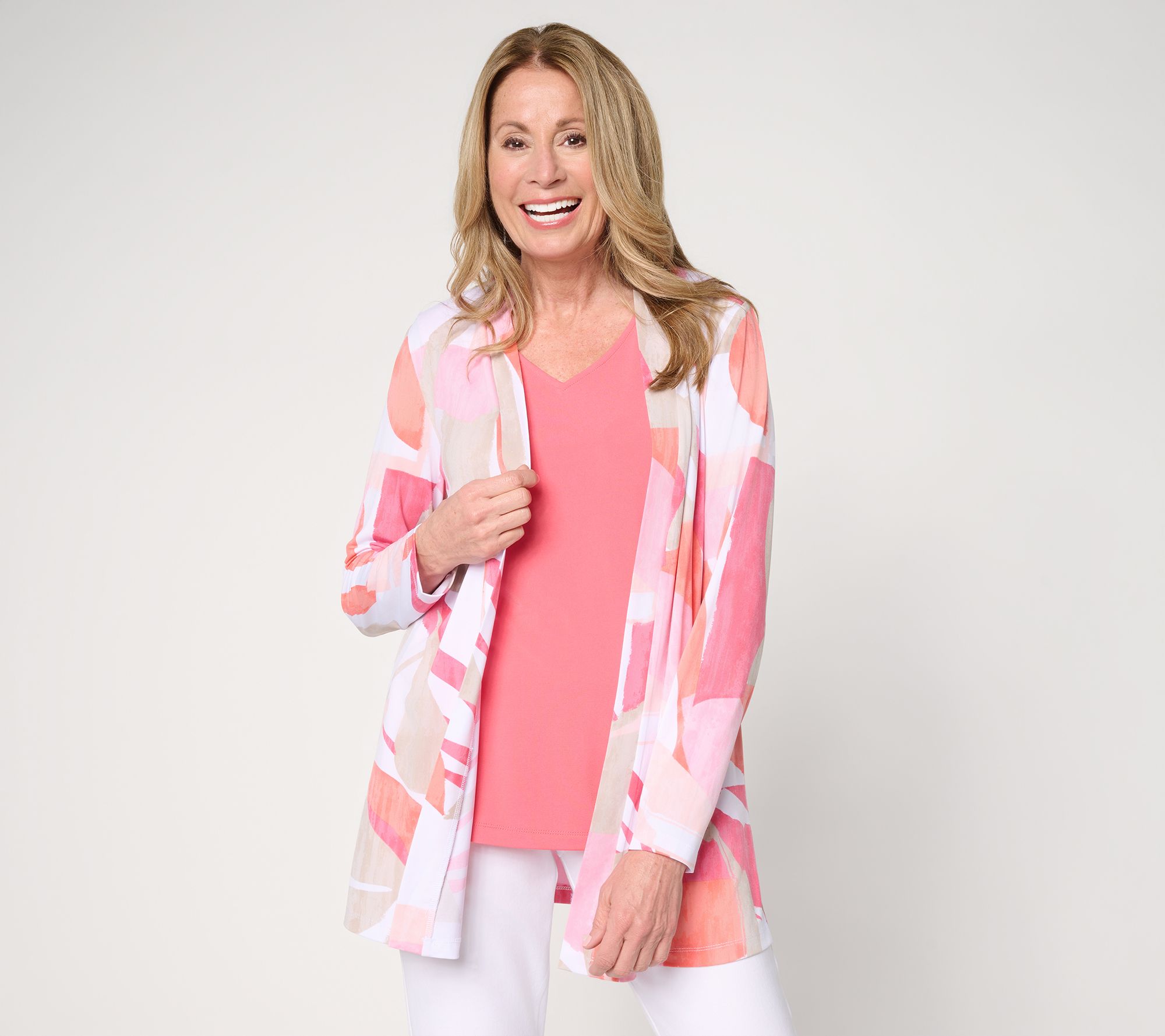 "As Is" Susan Graver Regular Printed Liquid KnitCardigan w/ Solid Tank Set