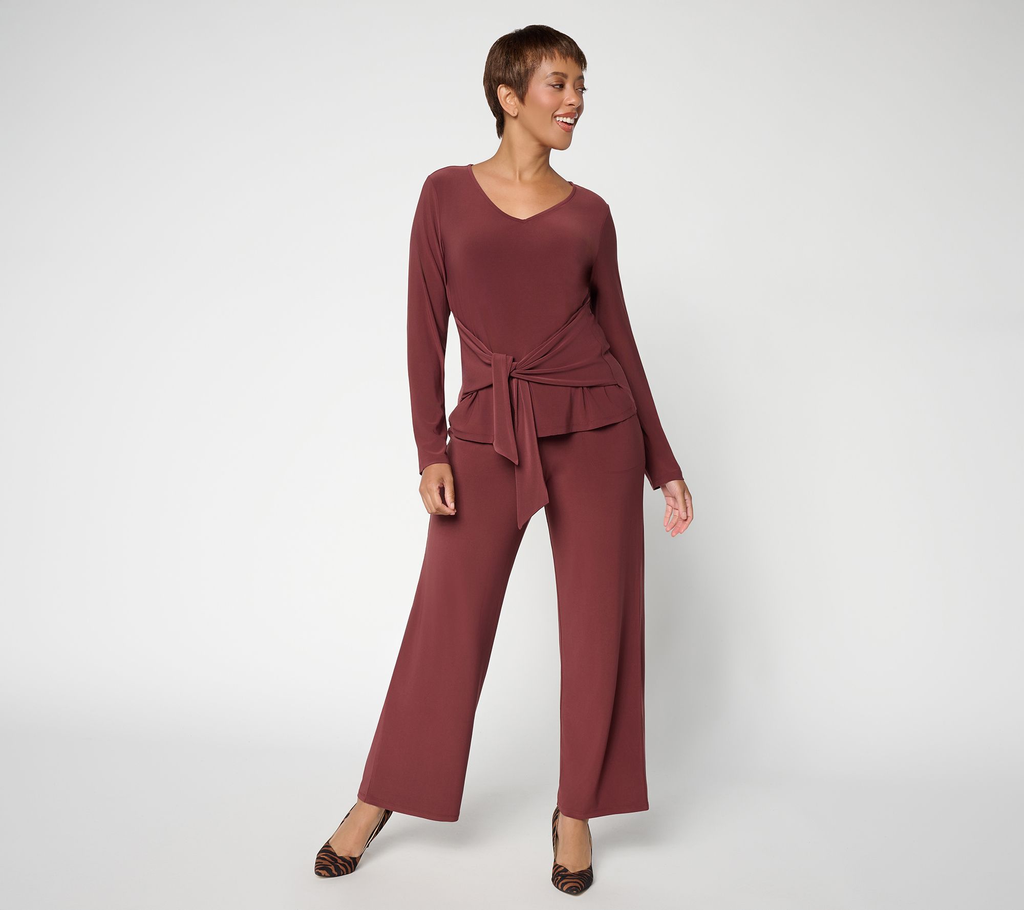  Women with Control Petite Como Jersey Top and Wide Leg Pant Set