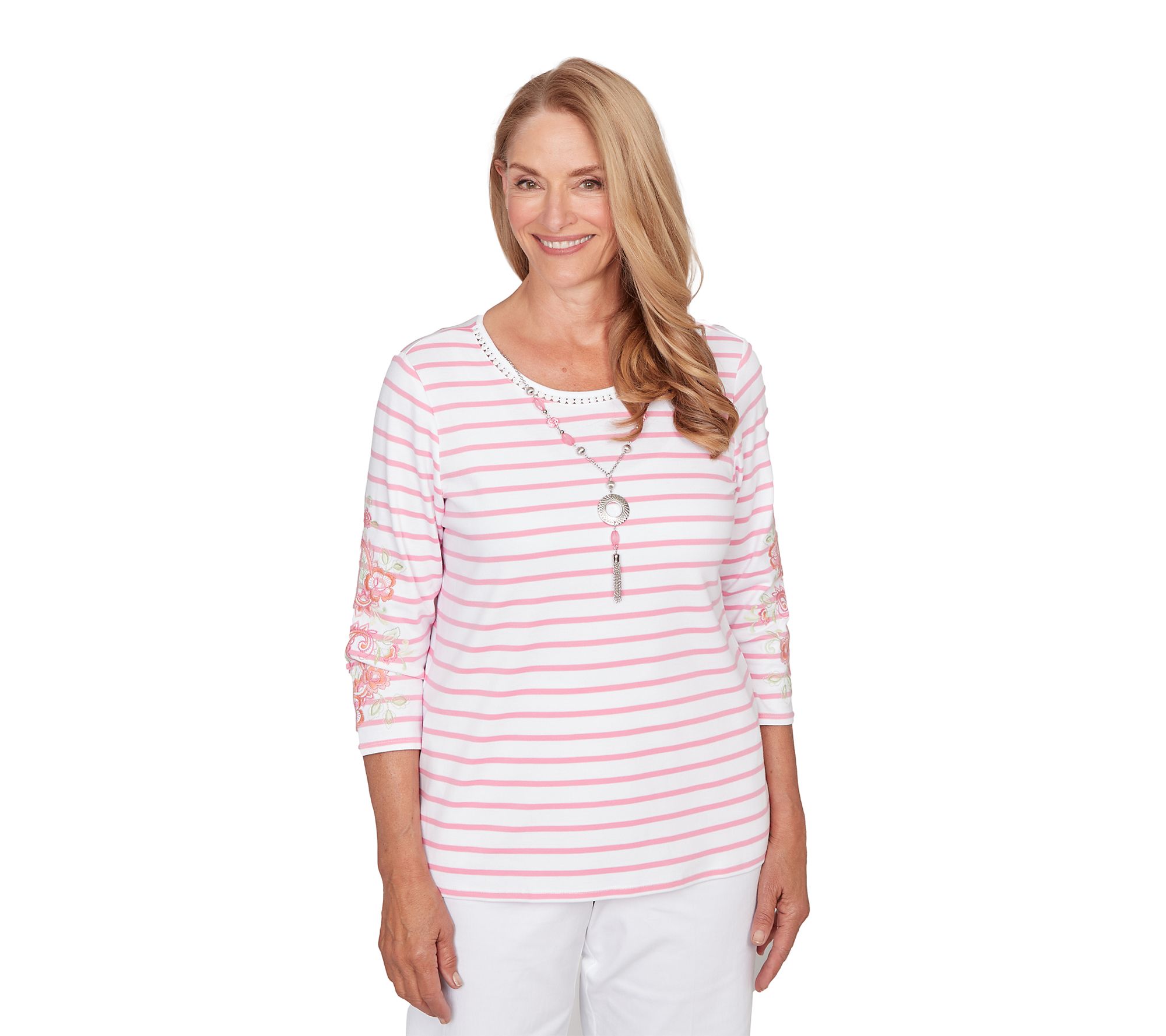 Alfred Dunner Women's Embroidered Striped Top with Necklace