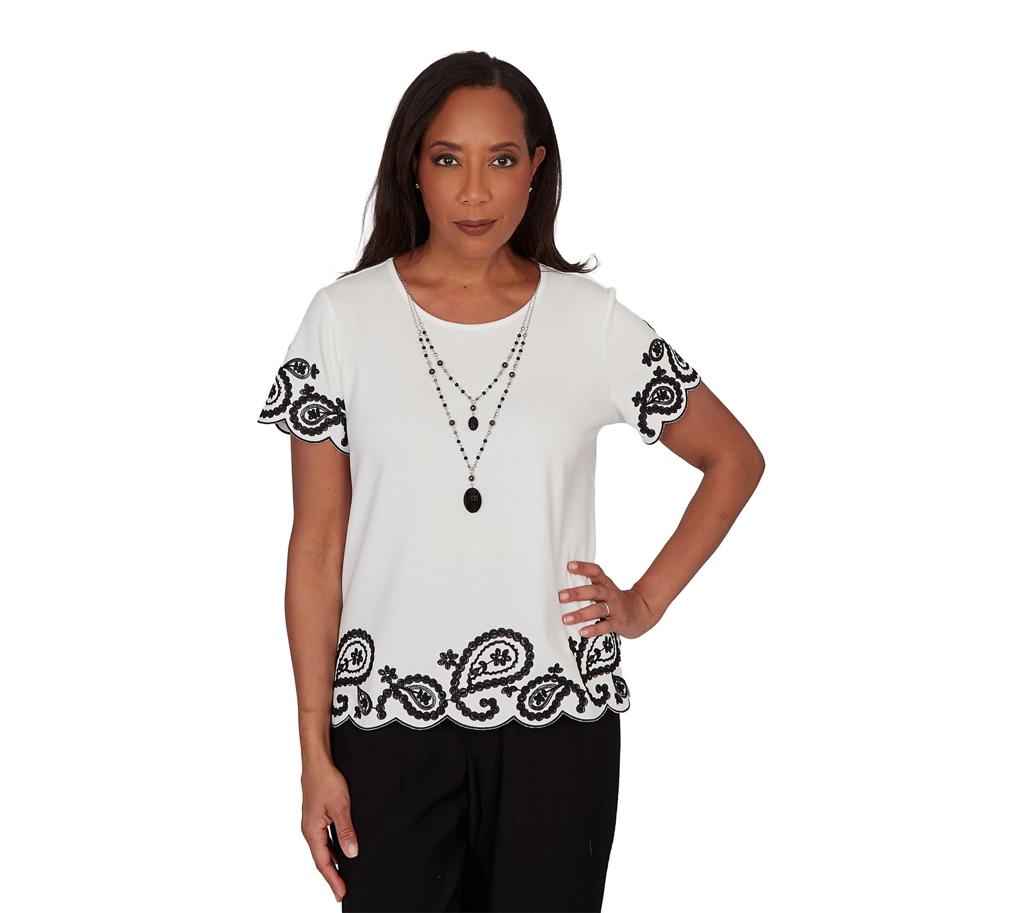 Alfred Dunner Women's Paisley Border Tee with Necklace