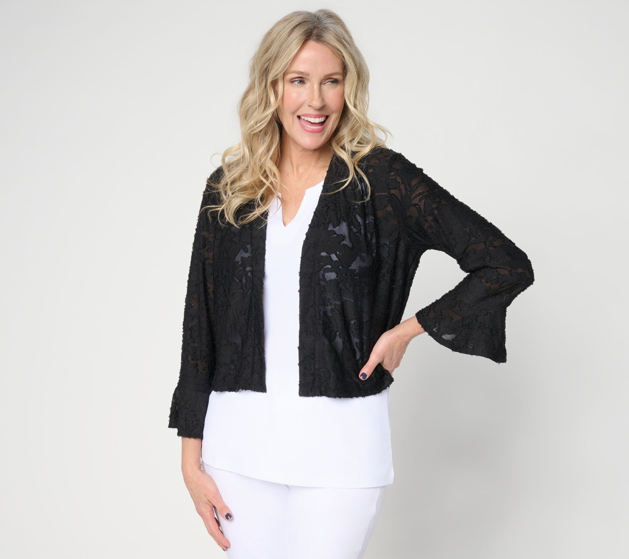 "As Is" Susan Graver Burnout Knit Shrug with Bell Sleeve Cuff