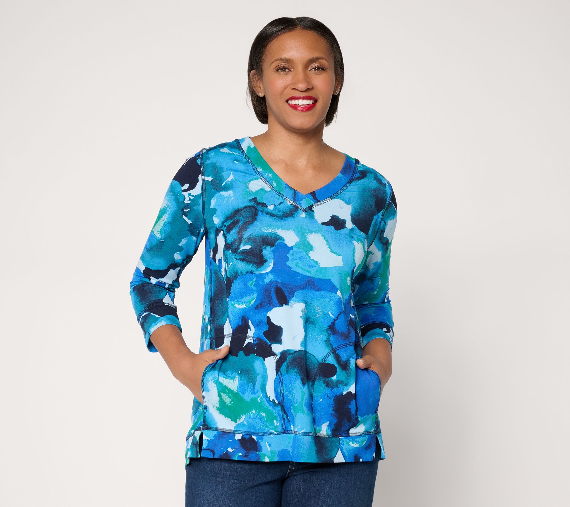 "As Is" LOGO by Lori Goldstein Rayon 230 Printed V-Neck 3/4 Sleeve Top