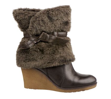 BareTraps Leather & Faux Fur Wedge Boots w/ Side Zip - QVC.com