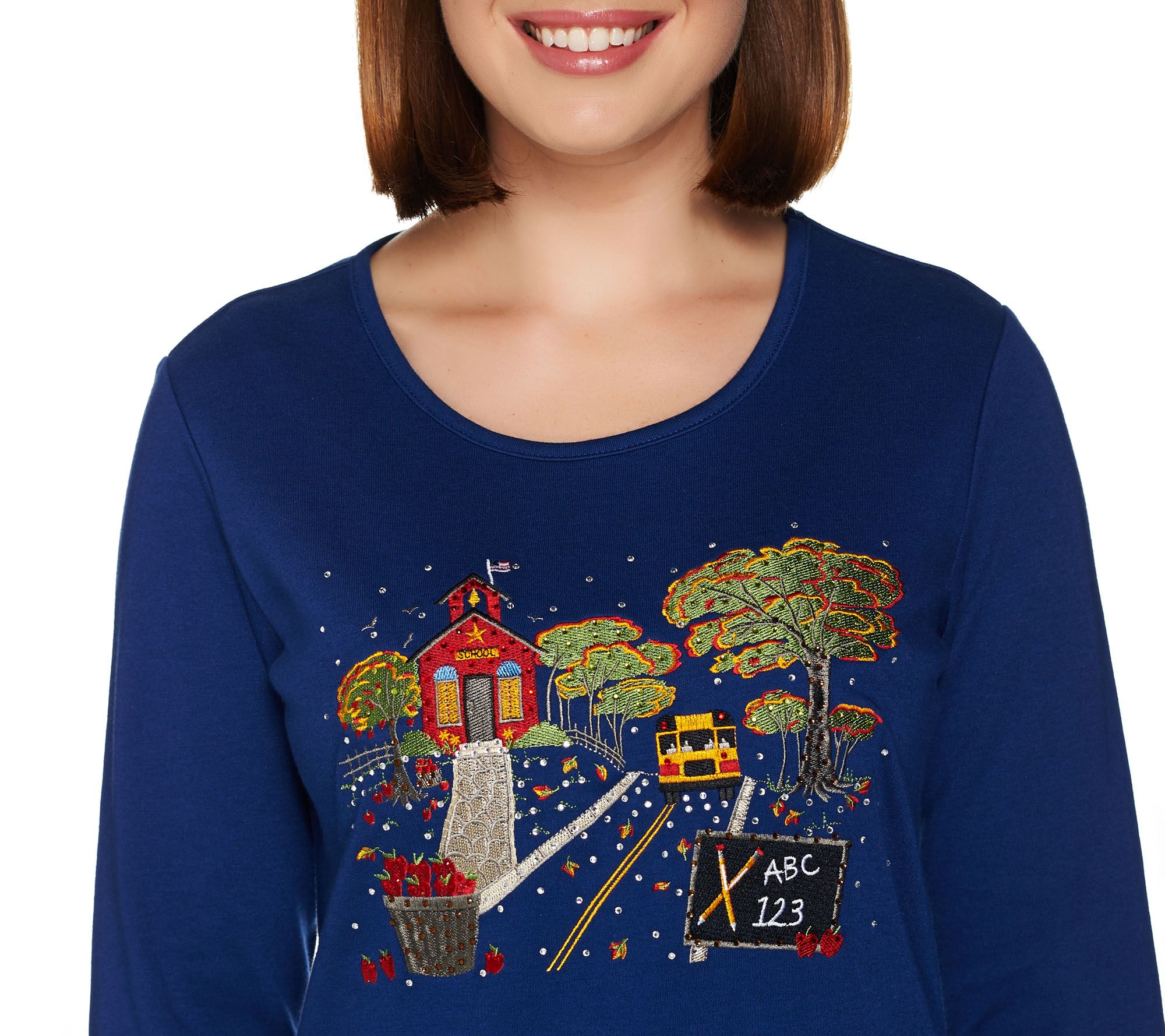 Quacker Factory Fall Scenes Embroidered 3 4 Sleeve T Shirt