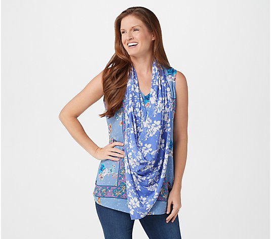 Tolani Collection Printed Tank Top with Built-In Scarf