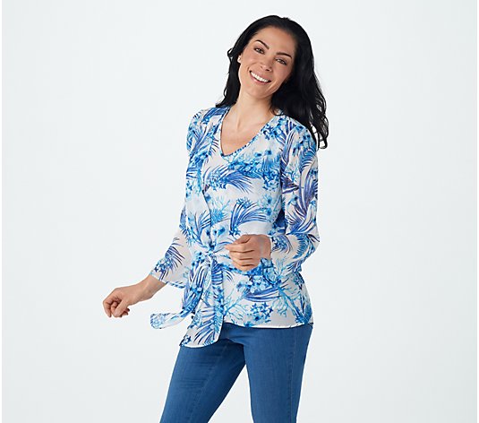 Belle by Kim Gravel Palm-Print Tie Front Blouse and Tank Set
