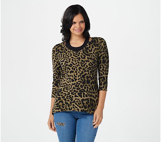 Belle by Kim Gravel Leopard Brushed Knit Top with Inset