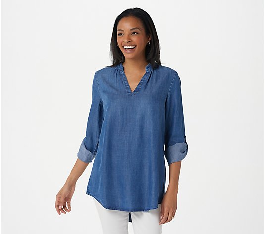 Side Stitch Petite Tencera Pullover Tunic with Roll Tab Sleeve