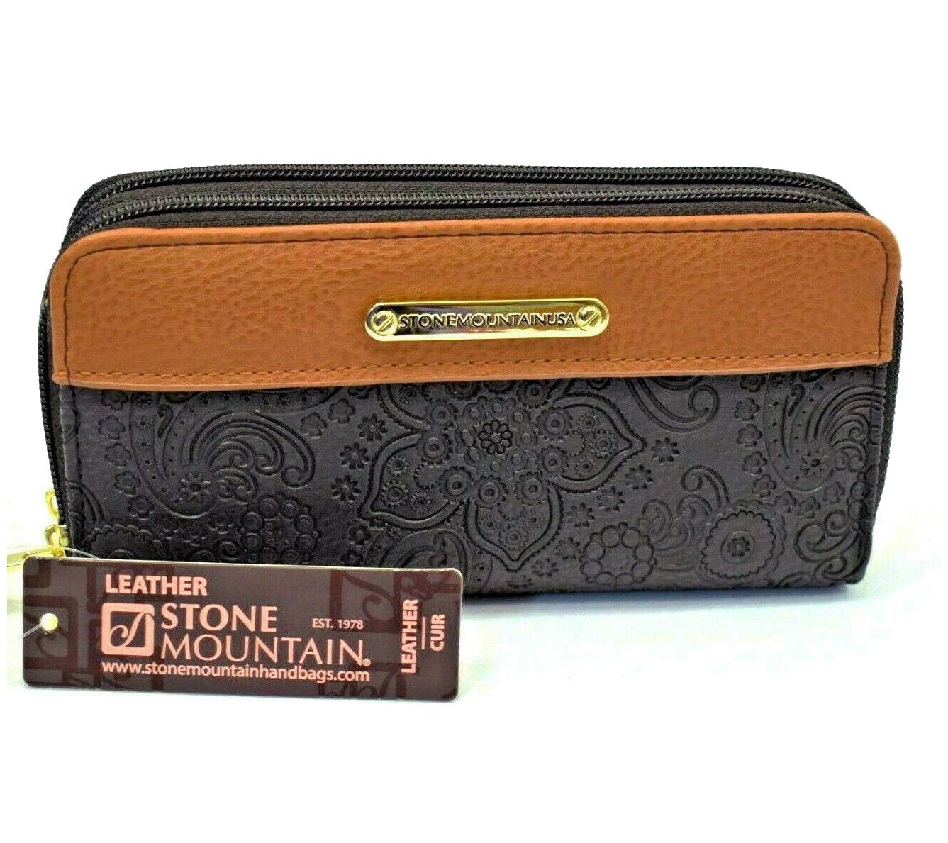 Stone Mountain Black Leather Paisley Zip Around Wallet & Checkbook NEW