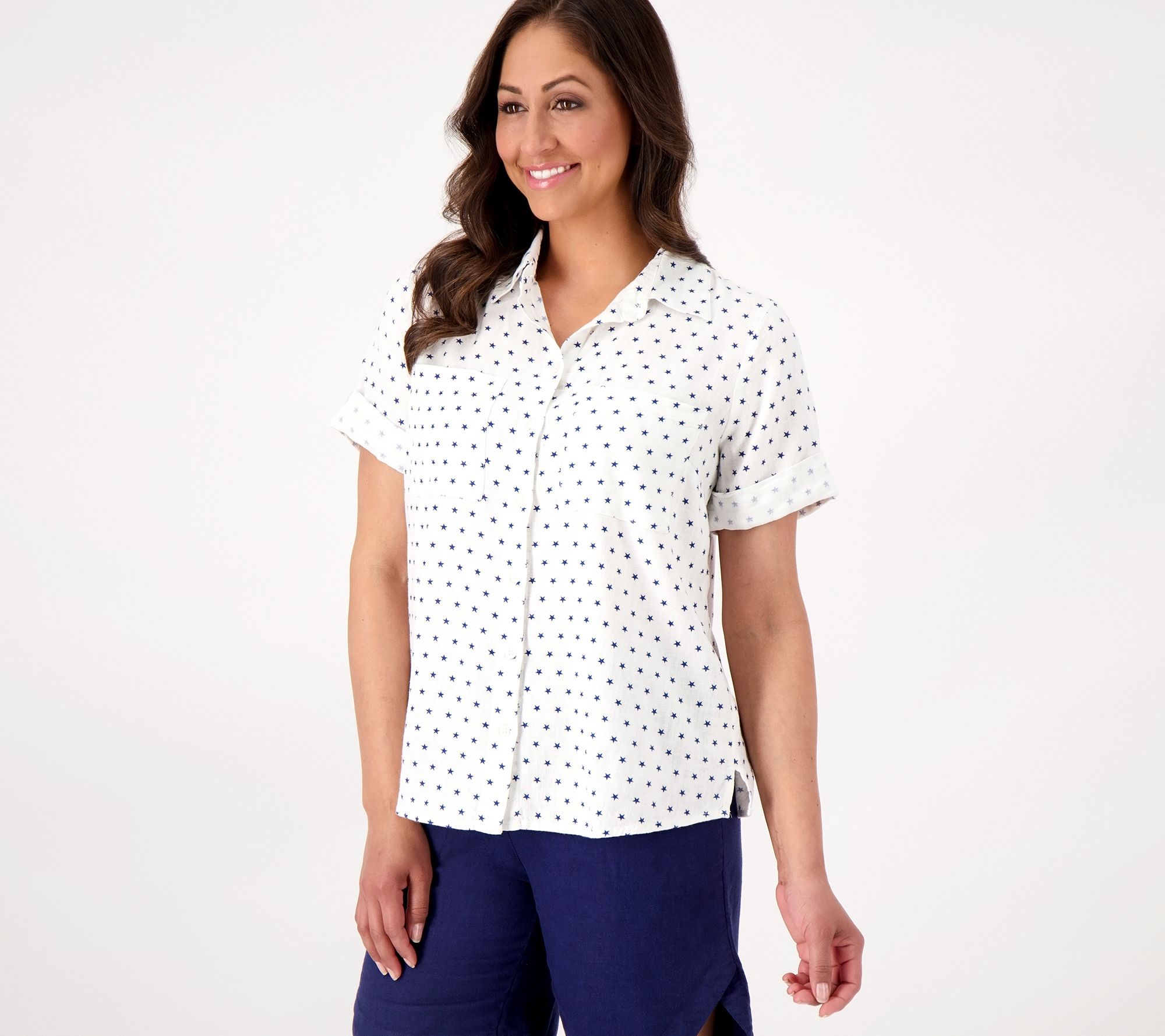 "As Is" Joan Rivers Linen Short Sleeve Star Print Shirt