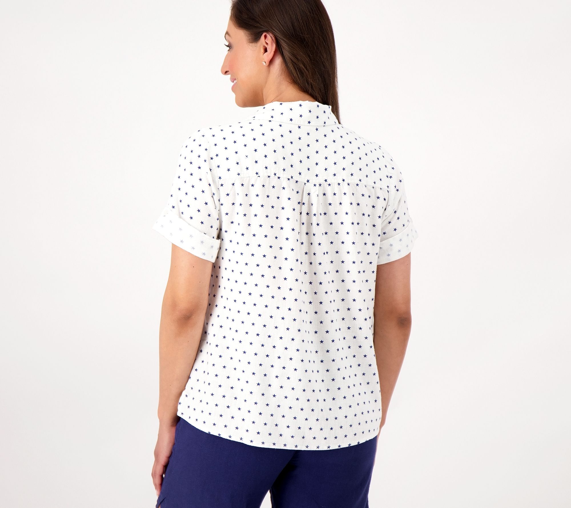 "As Is" Joan Rivers Linen Short Sleeve Star Print Shirt