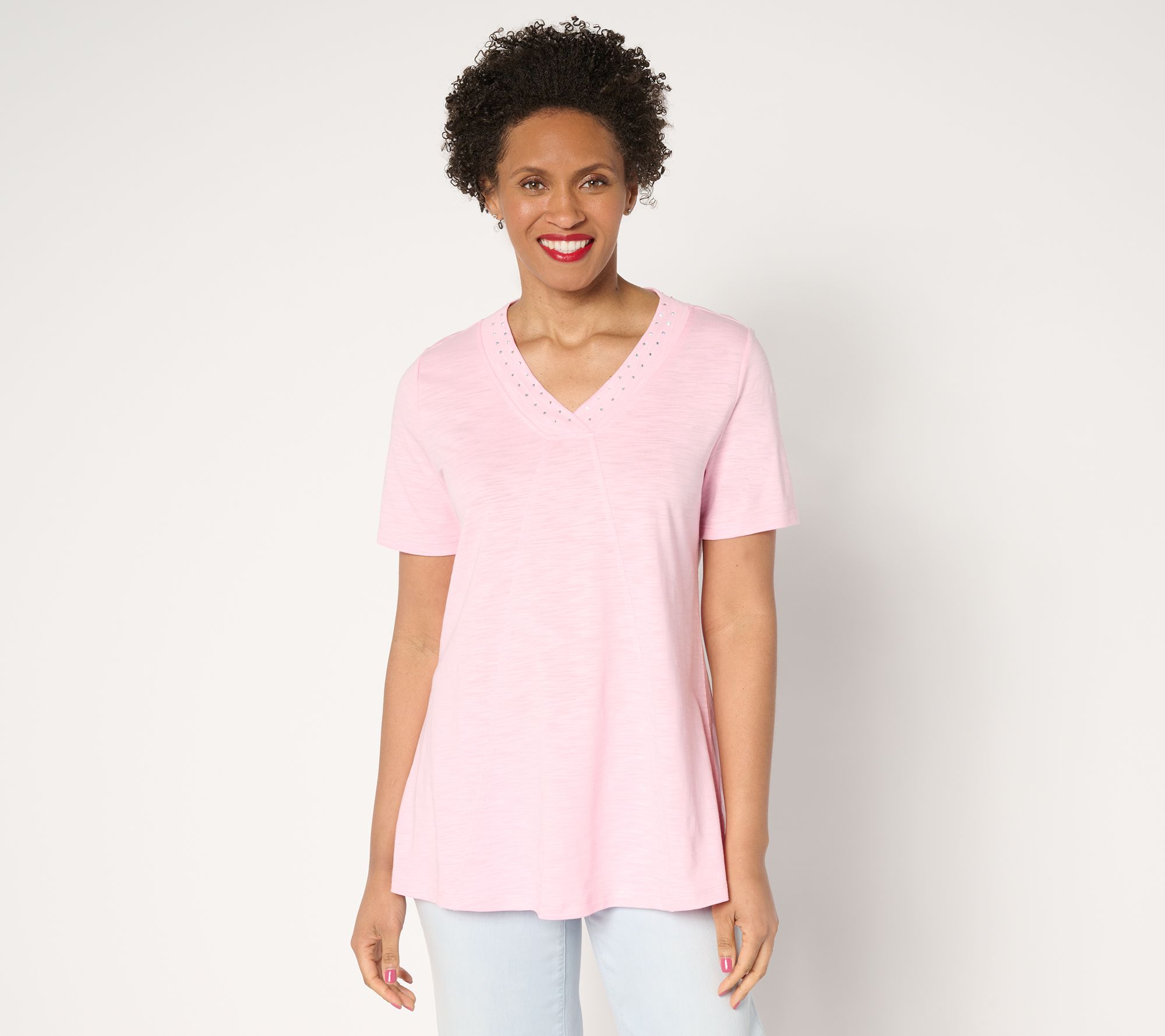 Quacker Factory Rhinestuds Embellished Short Sleeve Swing Top
