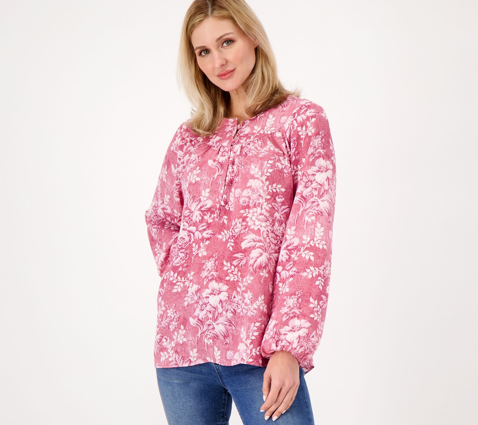 "As Is" Isaac Mizrahi Live Printed Peasant Blouse with Y-Neckline