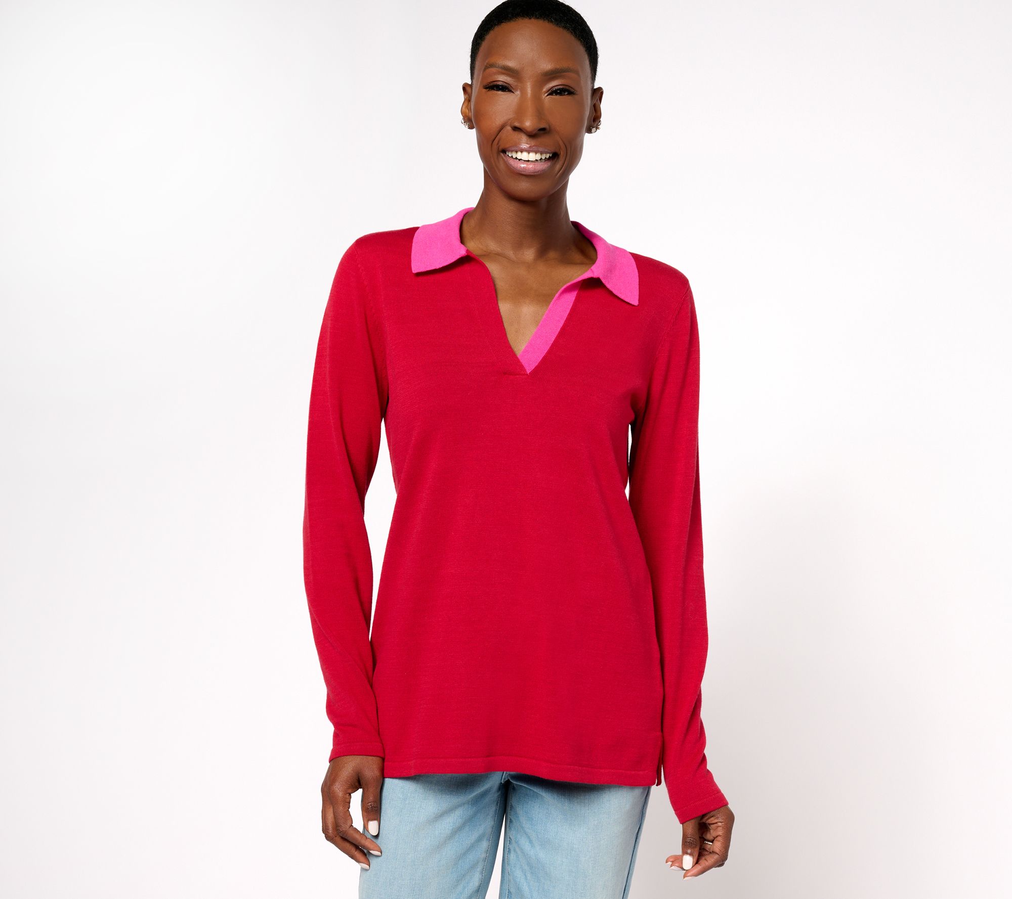 Belle by Kim Gravel Preppy Colorblock Polo Sweater