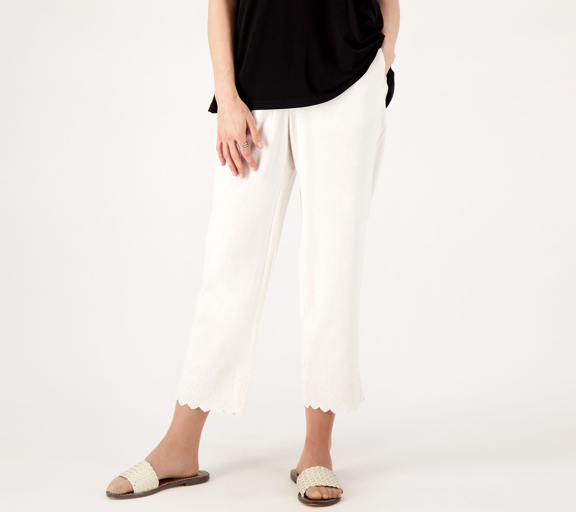 "As Is" Susan Graver PURE Linen Reg Pull- On Embroidered Hem Crop Pants